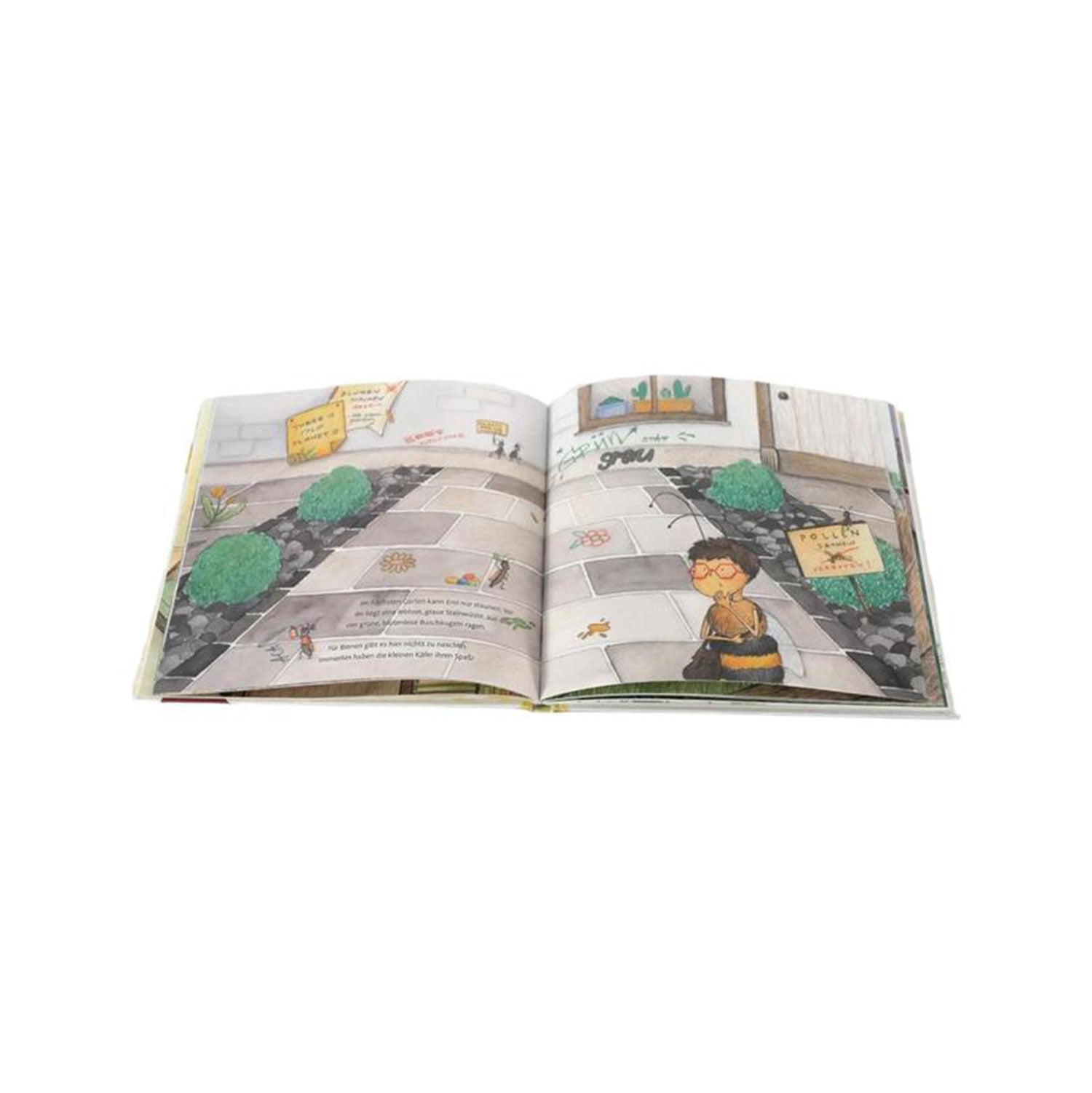 Das illustrierte Kinderbuch „Emi Brillenbiene – Die weite Reise einer kleinen Biene“ erweckt eine lebendige Straßenszene mit einem Kind und bestäubungsfreundlichen Blumen zum Leben und erzählt die Geschichte von Honigbiene Emi durch farbenfrohe Schilder und Texte.