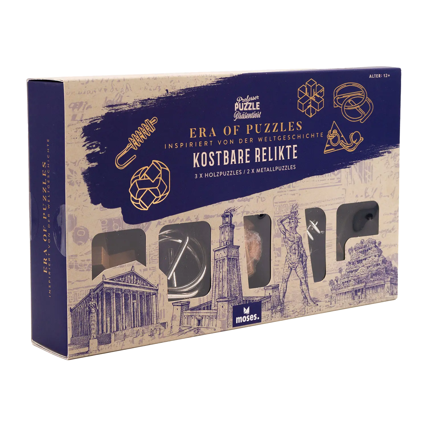 Die Era of Puzzles - Kostbare Relikte Box ist ideal für Puzzle-Liebhaber und enthält Illustrationen mit deutschem Text. Sie enthält drei Holzpuzzles, zwei Metallpuzzles und eine Verpackung mit antiken Architekturskizzen, die ein historisches Thema suggerieren.