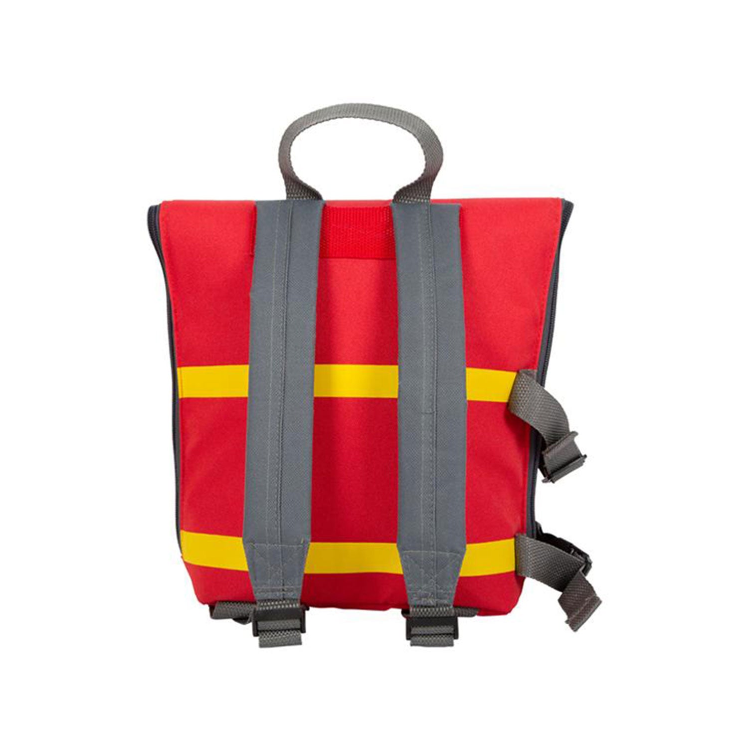 Der Feuerwehrrucksack für Kinder ist ein roter, quadratischer Rucksack mit zwei grauen Schultergurten mit verstellbaren Schnallen und gelben horizontalen Streifenakzenten, ergänzt durch einen grauen Tragegriff oben.