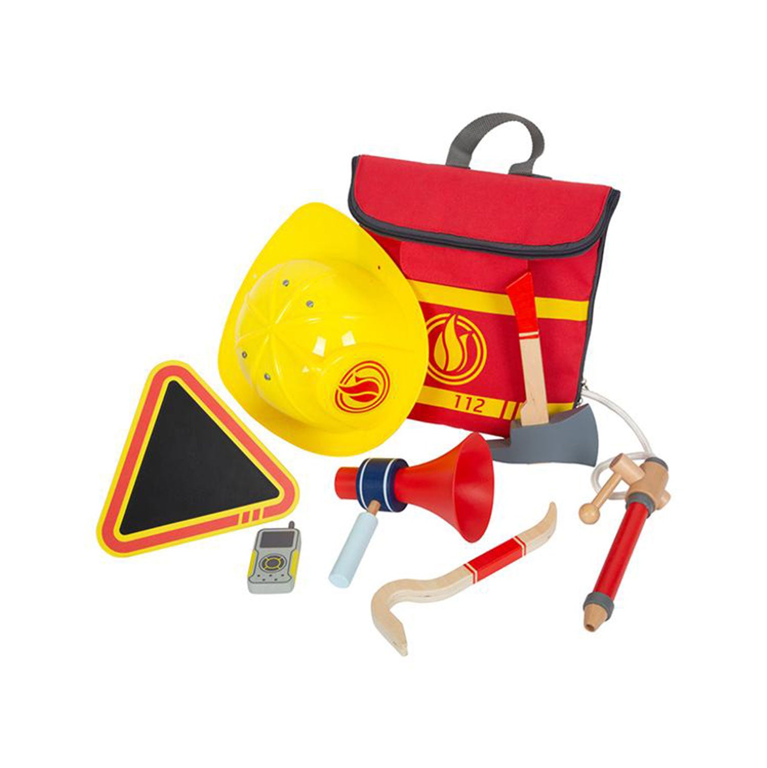 Entdecken Sie das perfekte Feuerwehr-Spielset für Kinder mit einem leuchtend rot-gelben Feuerwehrrucksack, einem robusten gelben Helm, einem Megafon, einer Sirene, einer Axt, einem Spielzeugschlauch mit Griff und einem Warnschild. Ideal für aufstrebende junge Helden!.