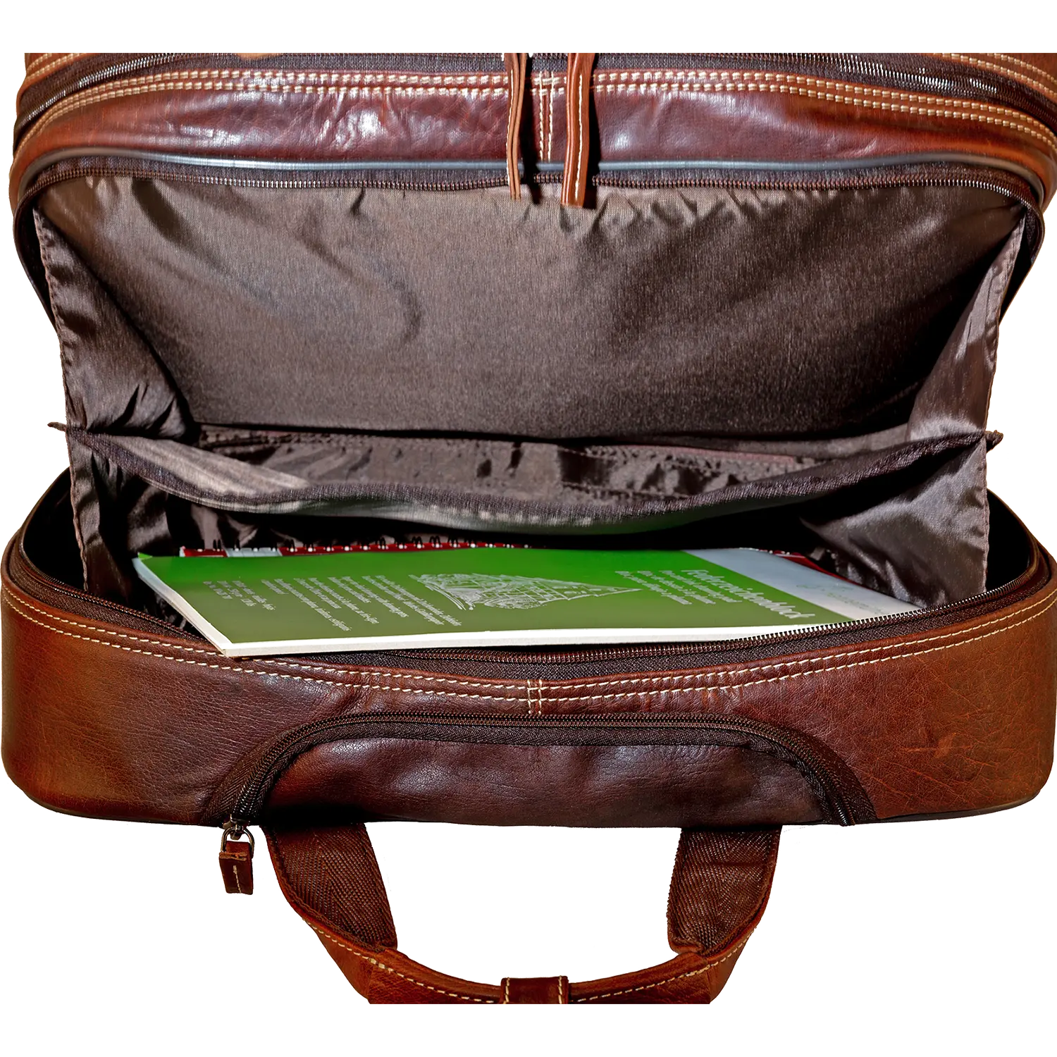 Der offene Akten Trolley DENVER aus braunem Leder mit zwei Fächern offenbart ein grünes Hardcover-Buch. Das mit braunem Stoff ausgekleidete Innenleben ergänzt den Griff und den Reißverschluss und bietet Stil und Funktionalität.