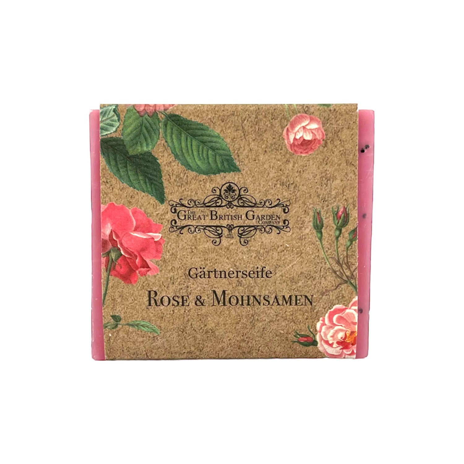 Ein veganes Seifenstück, verpackt in rustikalem Blumenpapier mit den Aufschriften „Great British Garden“ und „Gärtnerseife Rose & Mohnsamen“, verziert mit Rosen- und Mohnsamen-Illustrationen. Dieses palmölfreie Schmuckstück ist ideal für die natürliche Hautpflege.