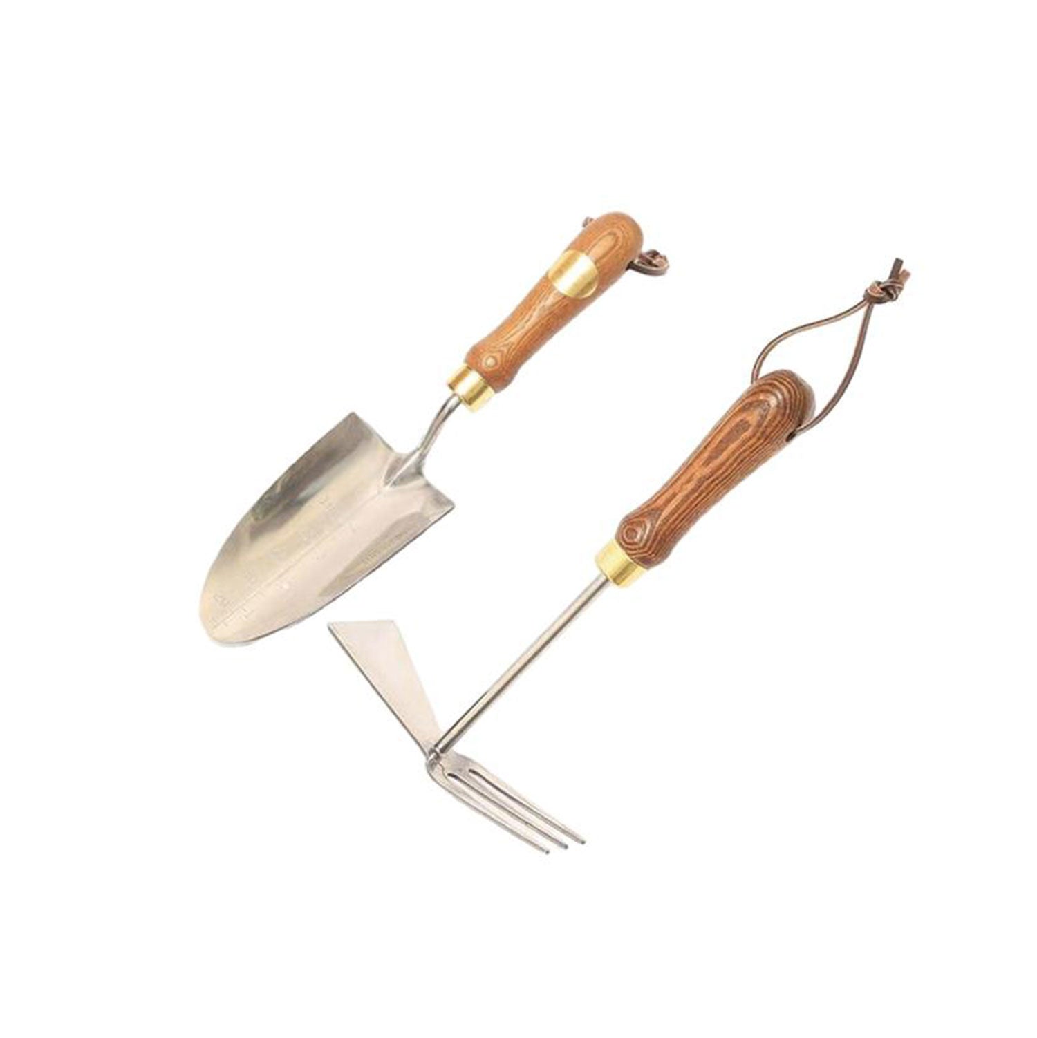Das Gartengeschenkset „Klassik“ beinhaltet eine Gartenkelle und einen kleinen Rechen, jeweils mit Holzgriffen, Metallklingen und praktischen Schlaufen zum Aufhängen, nebeneinander auf weißem Hintergrund präsentiert.