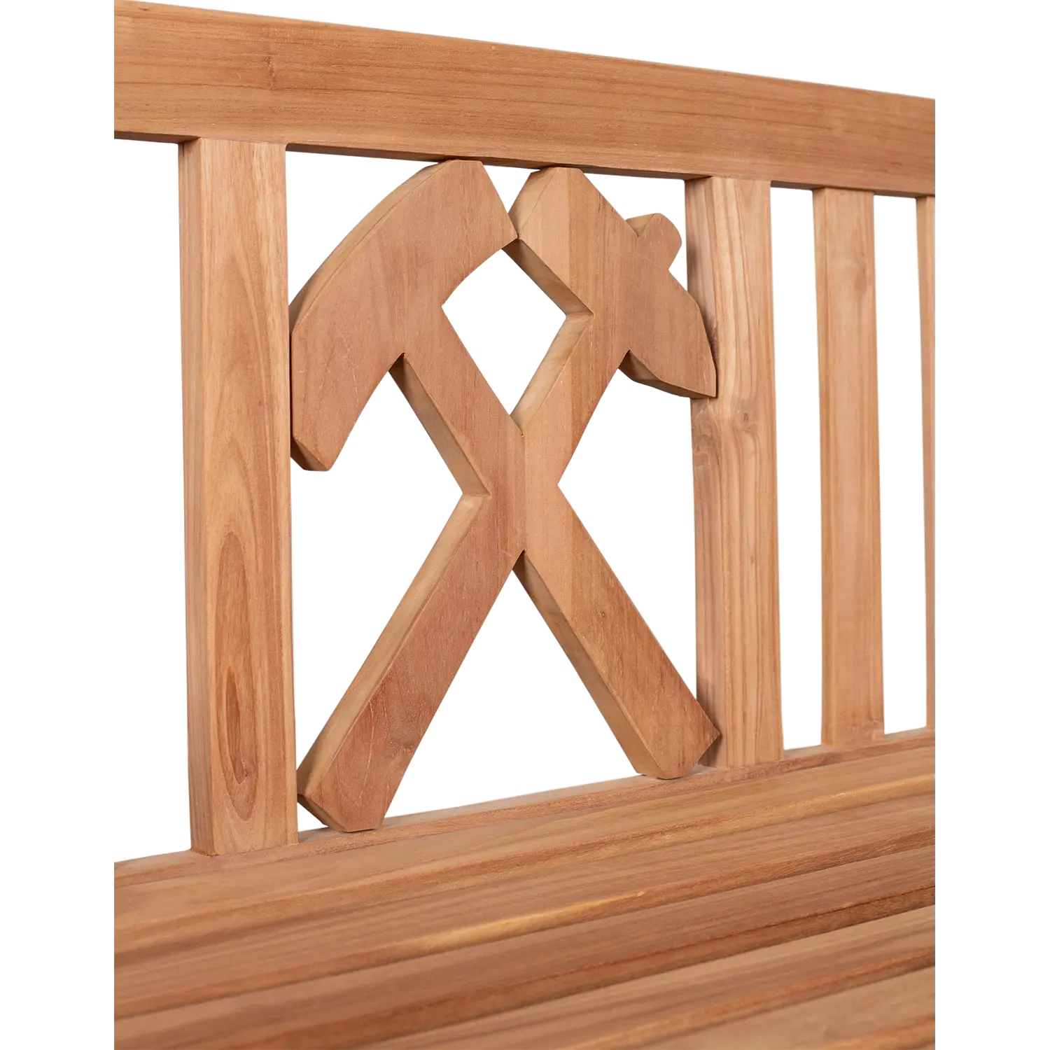 Das Teak-Gartenbank-Zaunelement „Glückauf“ weist in der Mitte geschnitzte gekreuzte Hammer- und Spitzhackensymbole auf und ist ideal als Ergänzung zu Ihren Gartenmöbeln.