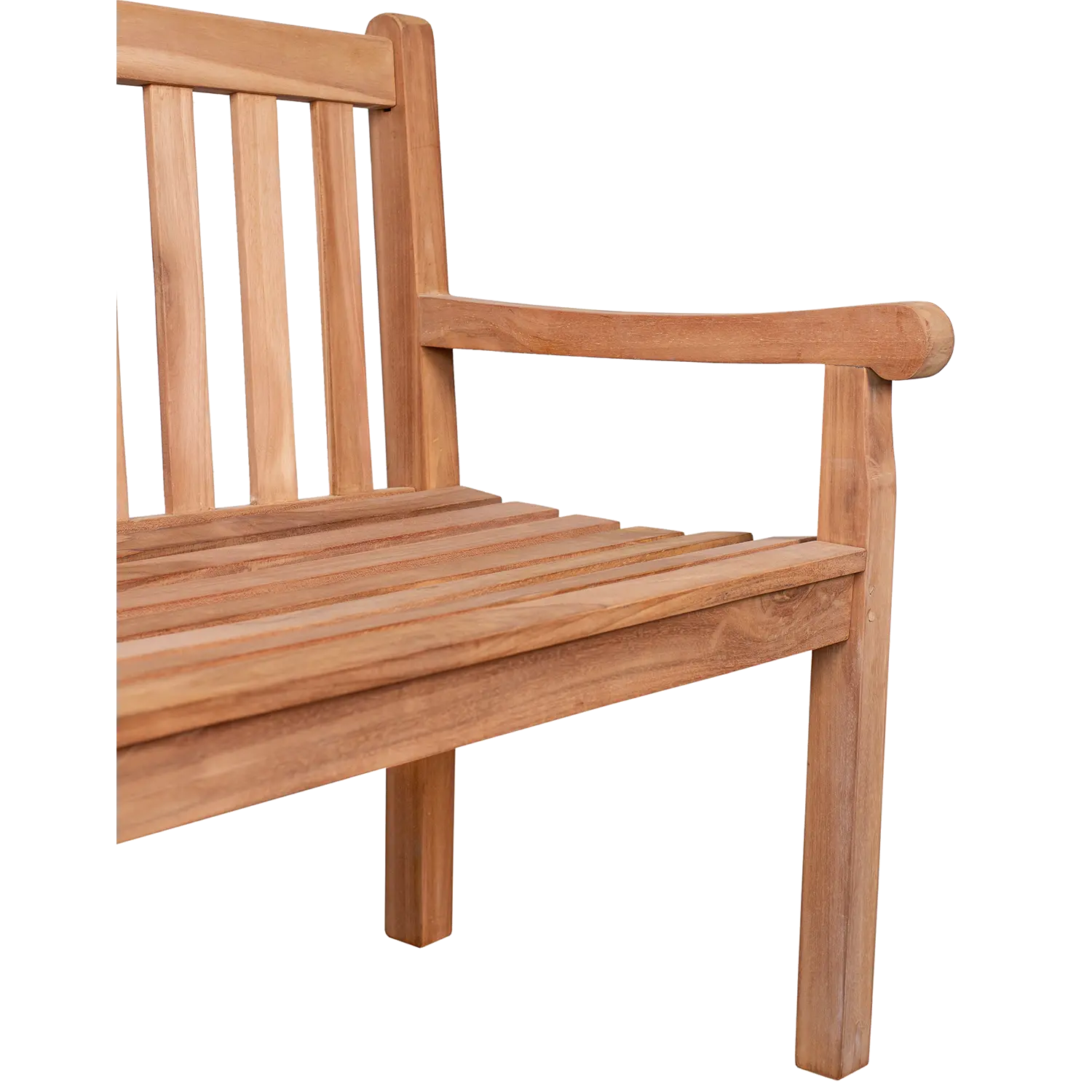 Die Teak-Gartenbank Glückauf besticht durch vertikale Leisten an der Rückenlehne, eine flache, horizontale Sitzfläche und leicht geschwungene Armlehnen, die die natürliche Holzoptik betonen und sie perfekt für die Gartengestaltung machen. Das Bild zeigt die rechte Seite der Bank.