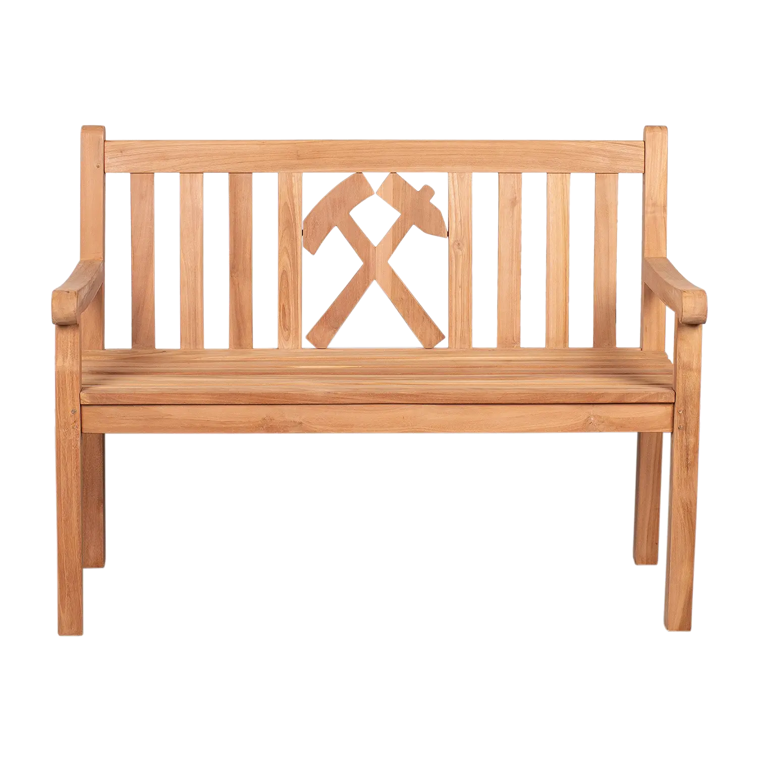 Die Teak-Gartenbank Glückauf ist eine Teakholzbank mit geschnitzten Werkzeugkreuzen, vermutlich Hämmern, an der Rückenlehne. Sie besticht durch ihr schlichtes, natürliches Finish und die robuste, klassische Struktur – ideal für die Gestaltung im Außenbereich.