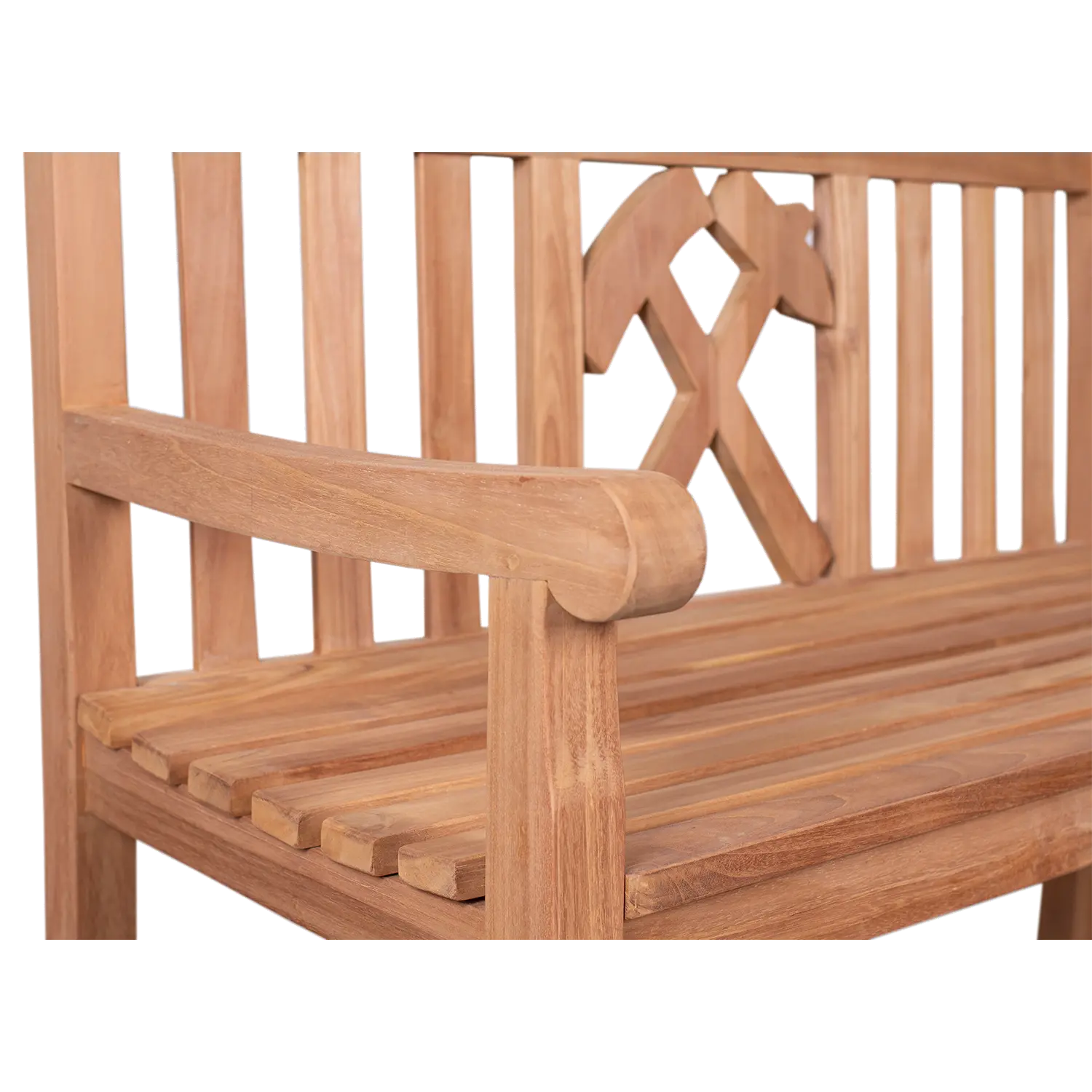 Die Teak-Gartenbank Glückauf verfügt über eine Sitzfläche und Armlehnen aus Lattenrost. Die Rückenlehne ziert ein dekoratives, gekreuztes Spitzhacken- und Schaufel-Design. Das Gartenmöbel aus Teakholz besticht durch sein natürliches Finish, das die Holzmaserung wunderbar zur Geltung bringt.
