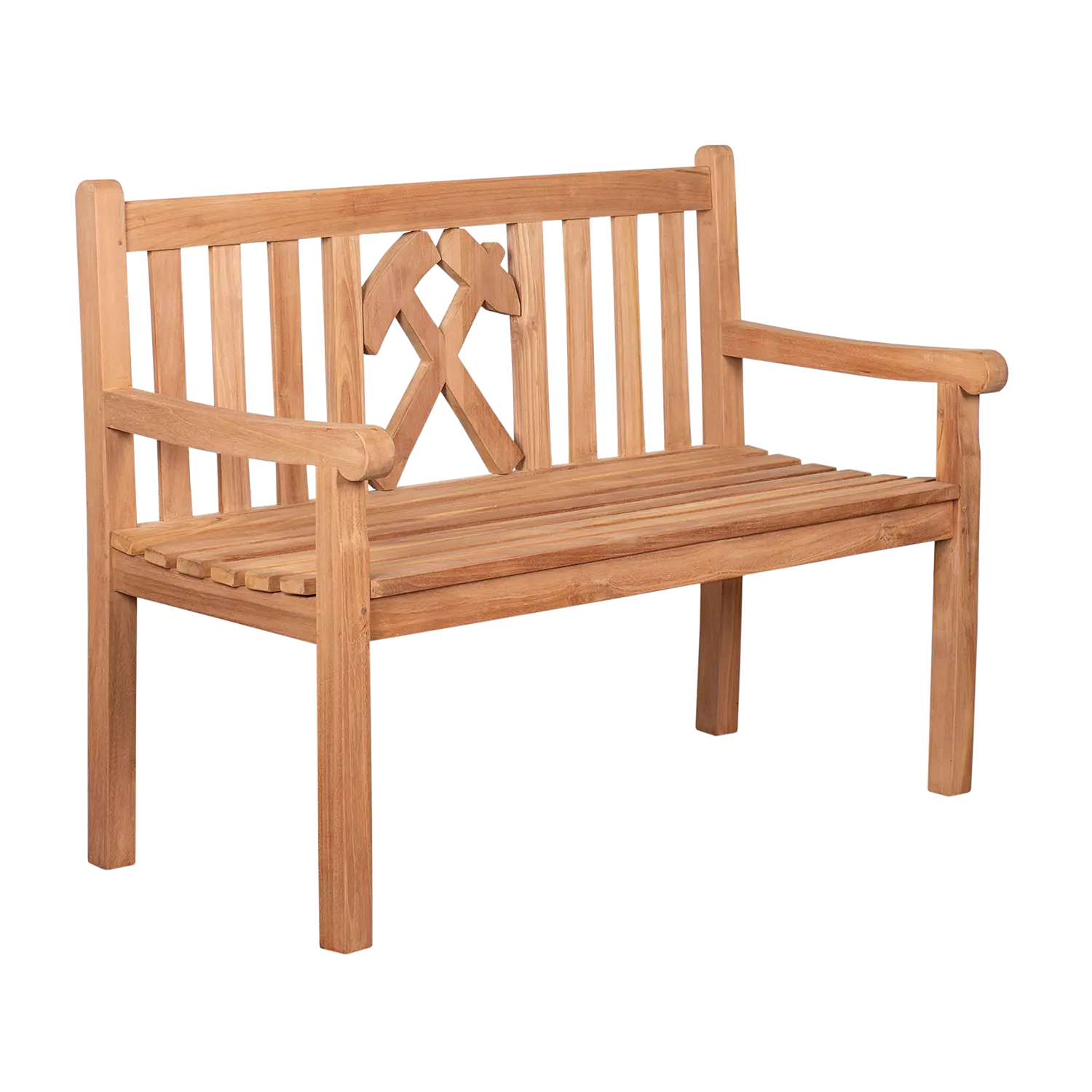 Die Teak-Gartenbank Glückauf besticht durch ihr Lattendesign mit einem gekreuzten Werkzeugmotiv auf der Rückenlehne aus Teakholz. Mit Armlehnen und einem natürlichen Holzfinish eignet sie sich ideal für die Outdoor-Gestaltung vor schlichtem weißen Hintergrund.