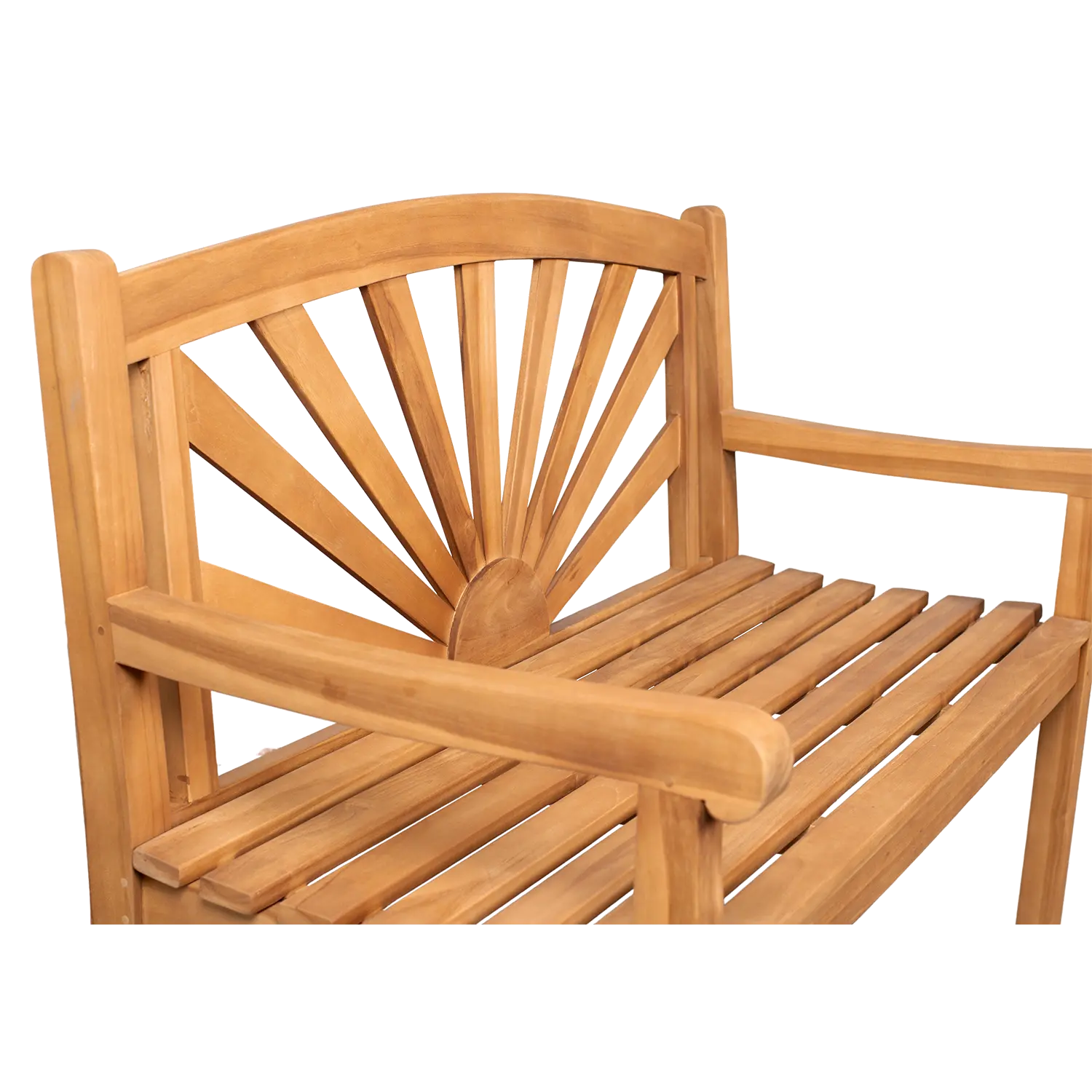 Die Teak-Gartenbank Sonne verfügt über ein Sunburst-Rückenlehnendesign und bietet eine robuste Sitzmöglichkeit für Ihren Außenbereich.