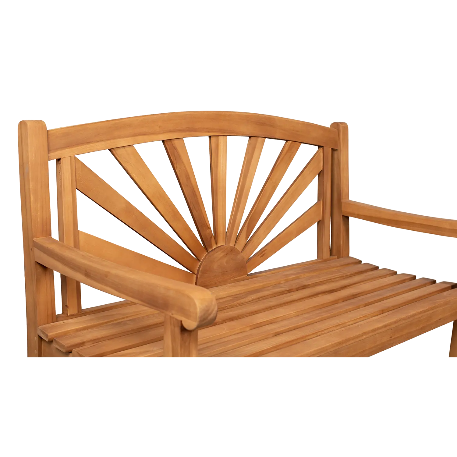 Die Teak-Gartenbank Sonne besticht durch ein Sonnenschliff-Design an Rückenlehne, witterungsbeständigen Lattensitzflächen und Armlehnen. Gefertigt aus Teakholz in heller, natürlicher Farbe bietet sie eine robuste und elegante Sitzgelegenheit, die jeden Außenbereich bereichert.