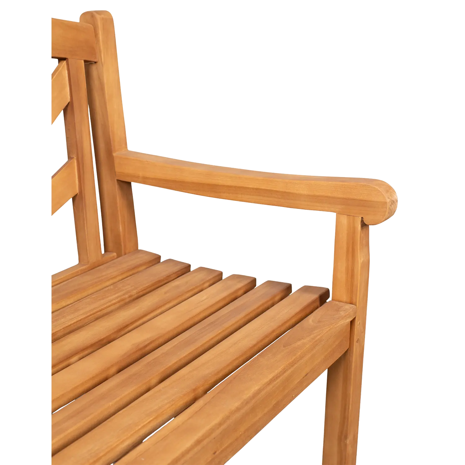 Nahaufnahme der Teak-Gartenbank Sonne mit ihrem glatten, polierten Holz und der Lattensitzfläche sowie der Rückenlehne. Der Fokus liegt auf der Ecke, die die Armlehne und einen Teil ihres witterungsbeständigen Designs in Szene setzt.
