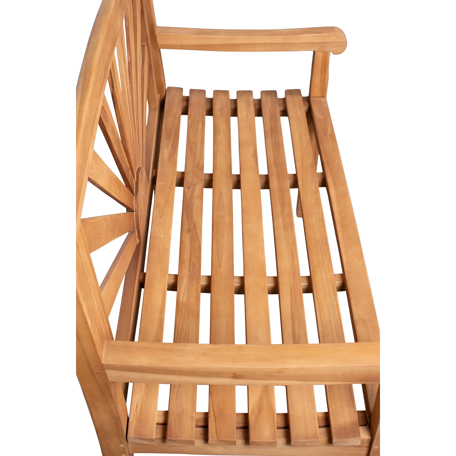 Die Teak-Gartenbank Sonne verfügt über eine Sitzfläche und Rückenlehne aus Latten mit einem dekorativen Sonnenstrahlenmuster auf der Oberseite, zwei Armlehnen und ein natürliches Holzfinish für stilvolle Haltbarkeit im Außenbereich.