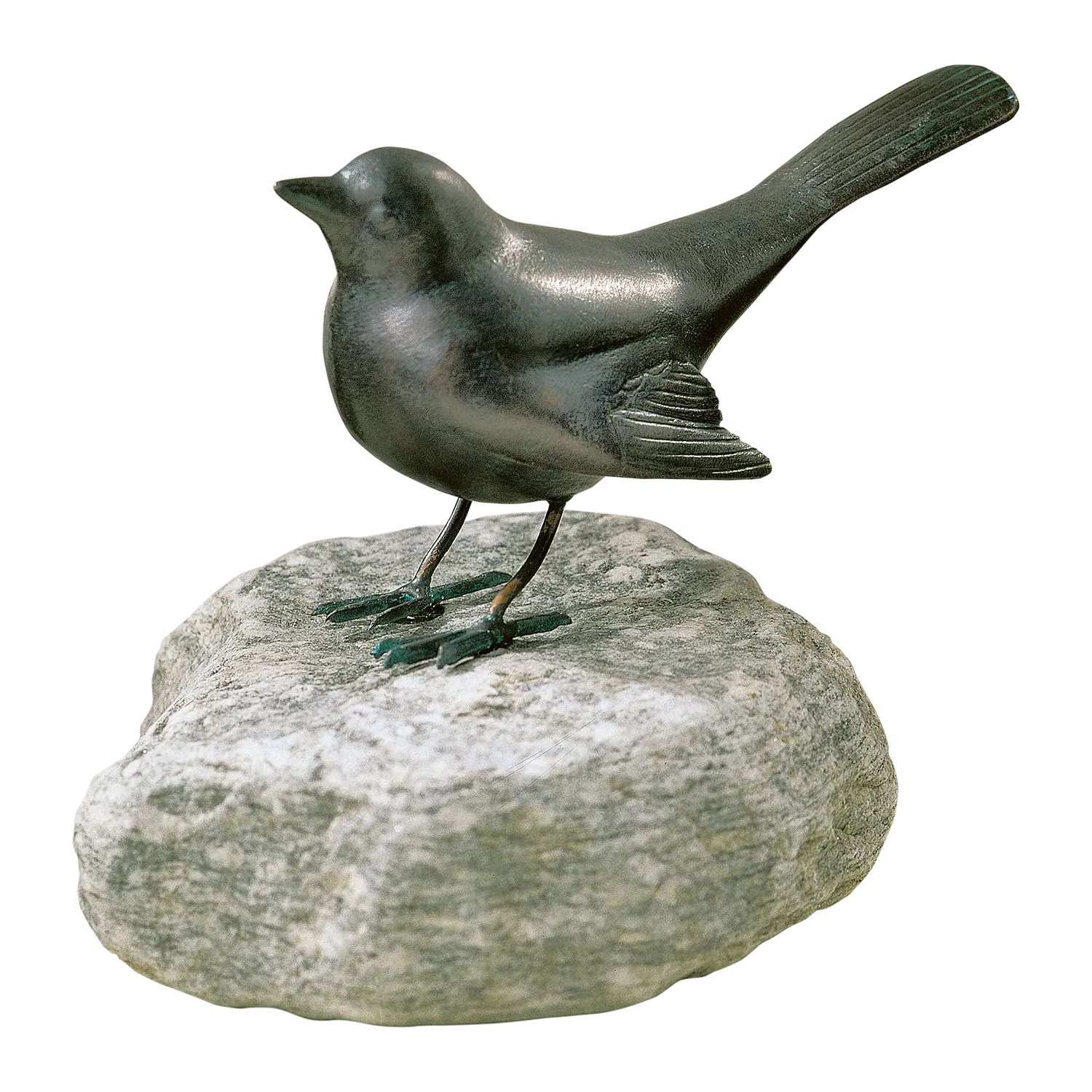 Gartenskulptur Amsel aus Kupfer auf einem Flussstein-Sockel