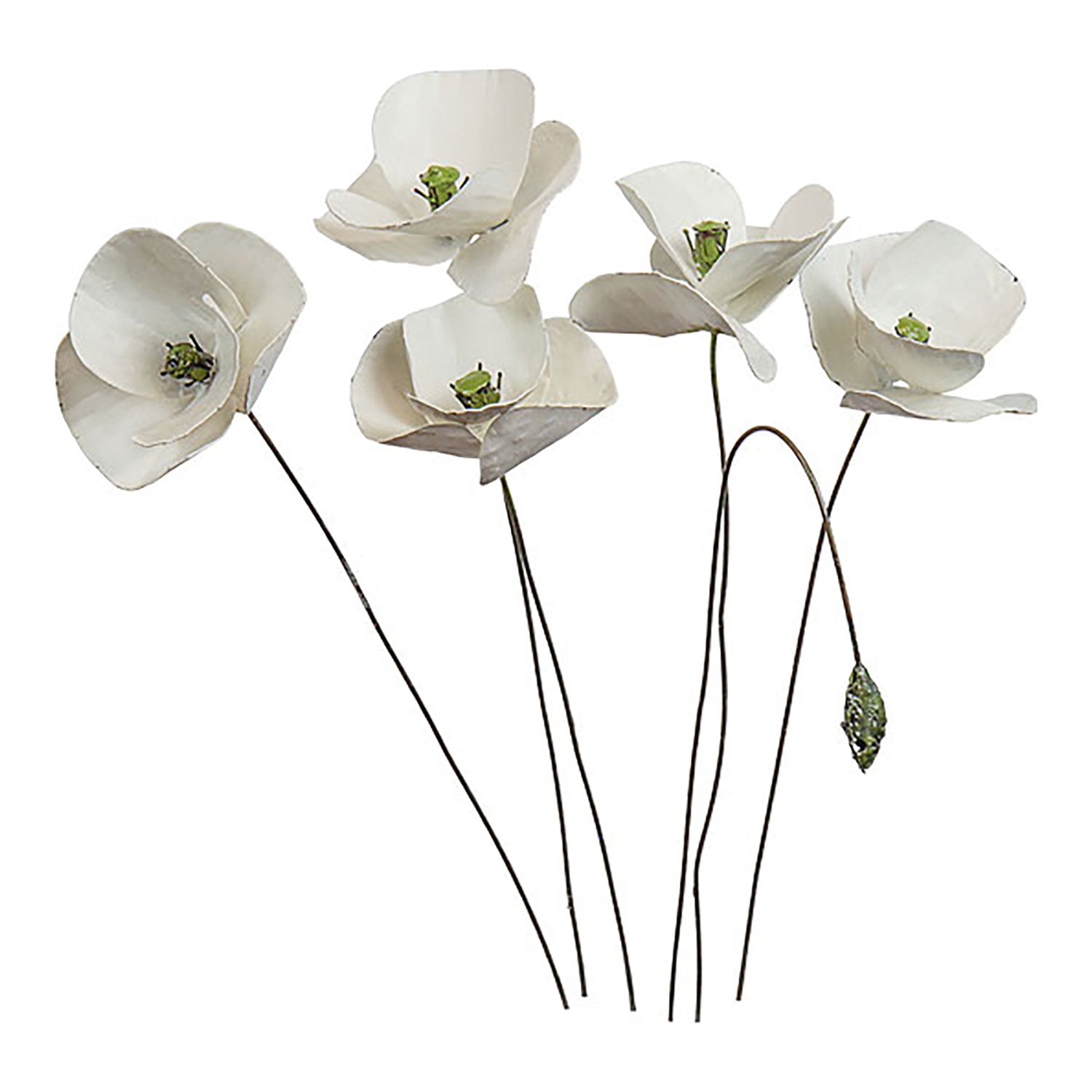 Das Gartenstecker-Blumenset „Weißer Mohn“ besteht aus weißen Metallblumen mit schlanken schwarzen Stielen, darunter fünf geöffnete Blüten mit grüner Mitte und eine ungeöffnete Knospe, wodurch eine minimalistische und elegante Gartendekoration entsteht.