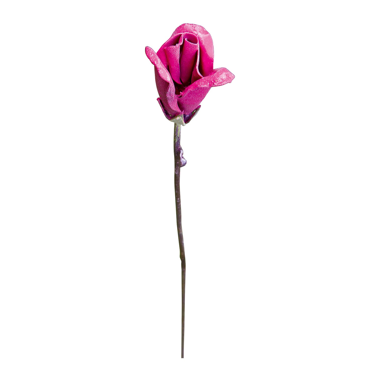Ein Produkt aus dem Gartenstecker-Blumenset „Rosa Rosen“. Diese einzelne künstliche rosa Rose mit glitzernden Blütenblättern ruht auf einem langen, schlanken Stiel, ähnlich einer zarten Rosen-Skulptur, isoliert vor einem weißen Hintergrund.