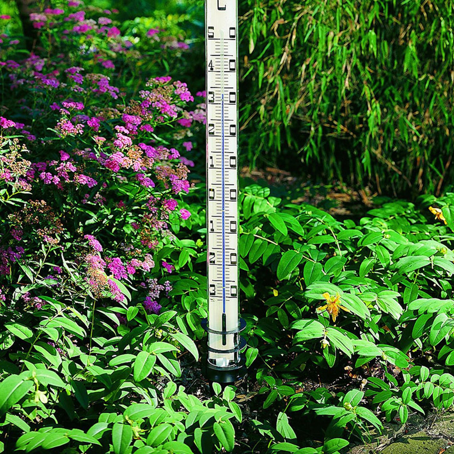 Im Garten ist ein wetterfester Regenmesser von lila Blumen und üppigem Grün umgeben. Daneben liefert das elegante Gartenthermometer präzise Messwerte. Die Anzeige in Zoll und Millimetern trägt zur lebendigen Atmosphäre bei.