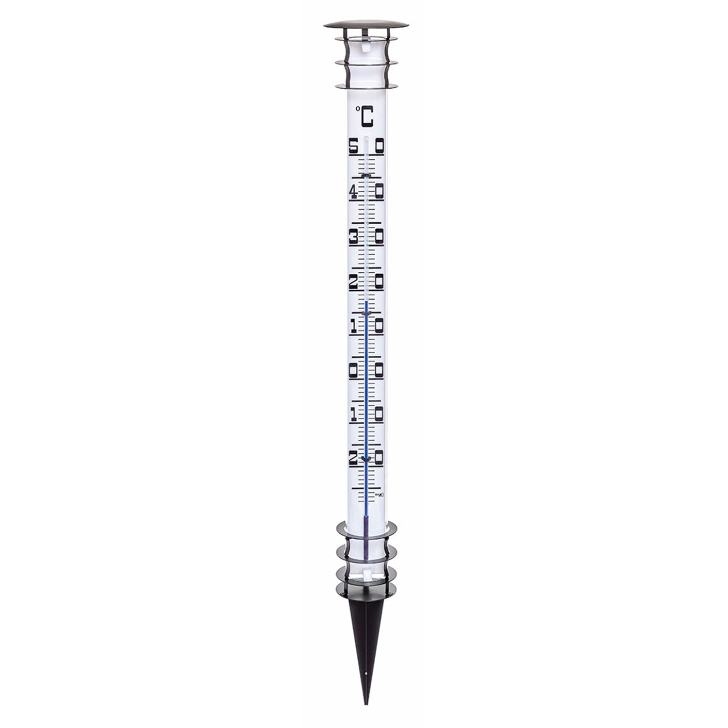 Das Gartenthermometer ist ein hohes, zylindrisches Gerät mit einem spitzen Erdspießfuß zum einfachen Einstecken in den Boden und zeigt deutliche Celsius- und Fahrenheit-Markierungen an. Es verfügt über einen stilvollen silbernen Ober- und Unterrahmen und ist wetterfest.