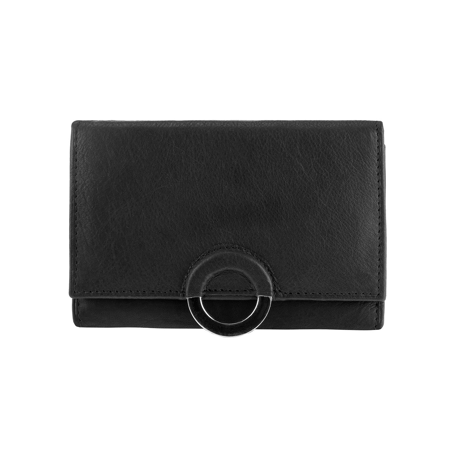 Der Geldbeutel BARGEN ist eine schwarze Lederbrieftasche mit glatter Textur und einem runden Metallakzent auf der Frontklappe. Er verfügt über ein Münzfach und bietet Schlichtheit und Eleganz für den täglichen Gebrauch.