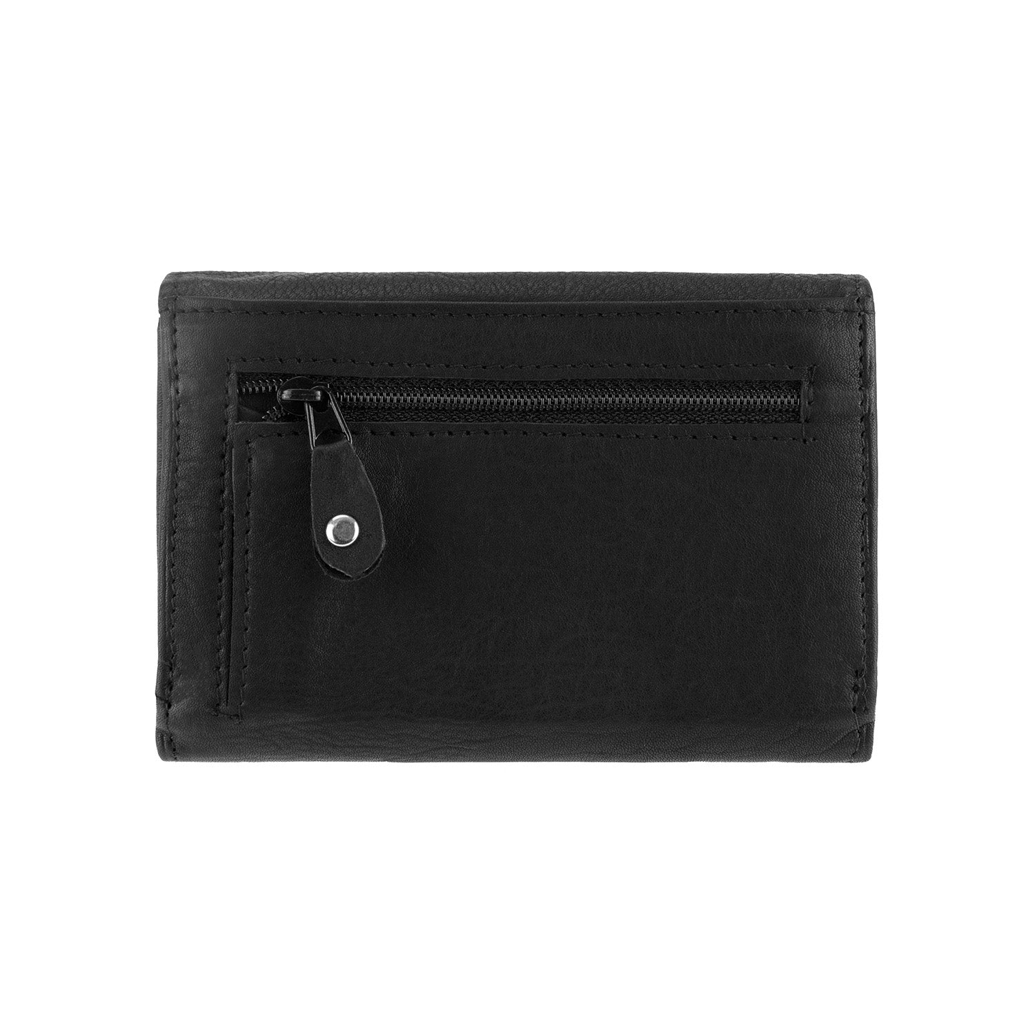 Die elegante schwarze Geldbörse „Geldbeutel BARGEN“ verfügt über ein Reißverschlussfach und ist mit einem stilvollen Metalldruckknopf am Reißverschluss verziert. Sie vereint Eleganz und Funktionalität vor einem schlichten weißen Hintergrund.