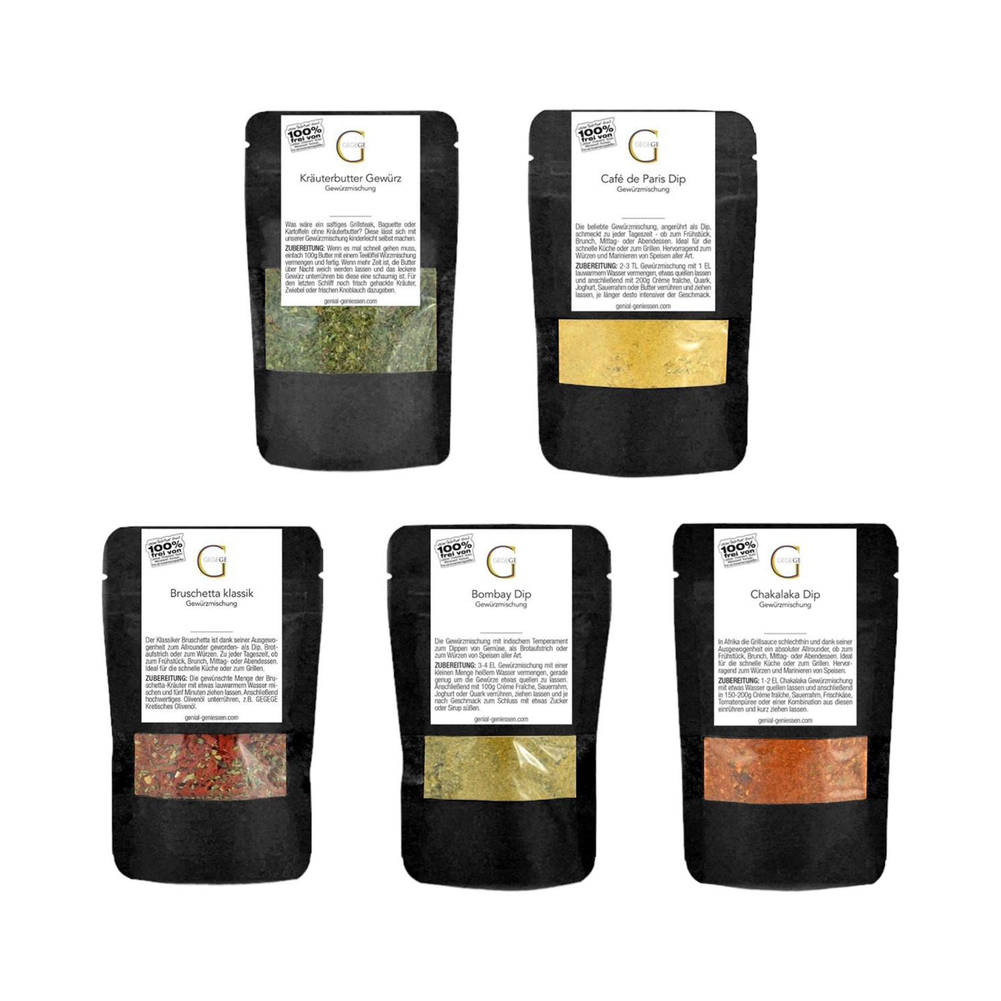 Das Dip Box Raclette und Fondue – Geschenkset enthält fünf schwarze Gewürzmischungen, ideal für Fondue oder Raclette, mit den Aufschriften: Kräuterbutter Gewürz, Café de Paris Dip, Bruschetta Mischung, Bombay Dip und Chakalaka Dip. Jeder Beutel hat ein transparentes Fenster, durch das der aromatische Inhalt sichtbar wird.