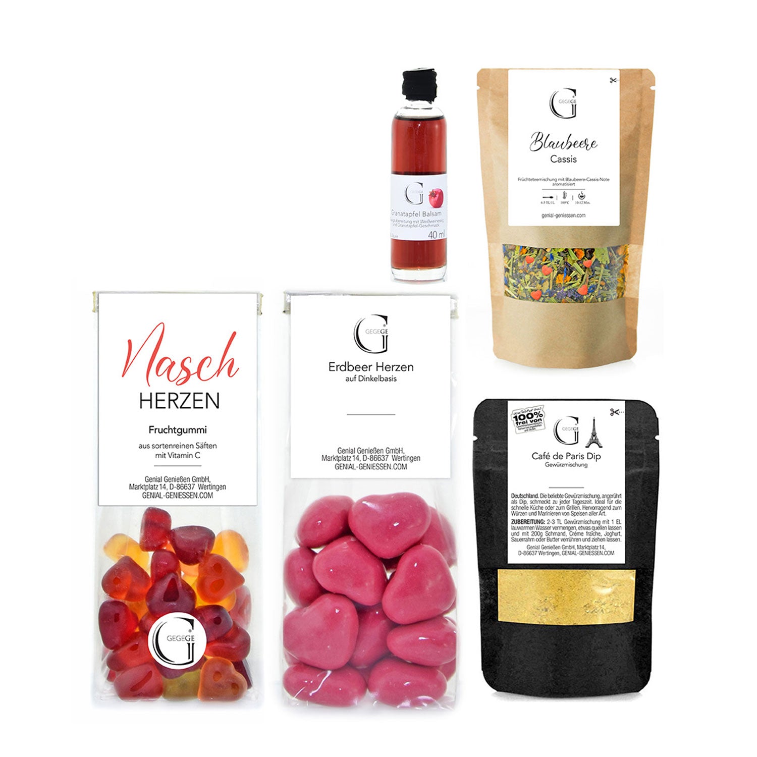 Das Lieblings Mensch – Geschenkset ist ein perfektes Gourmet-Geschenk, bestehend aus Sirup, Fruchtgummis, getrockneten Blaubeeren und Johannisbeeren, herzförmigen Erdbeerbonbons, Café de Paris Dip-Mix mit Kräutern und einer Flasche Frizzante Rosé.