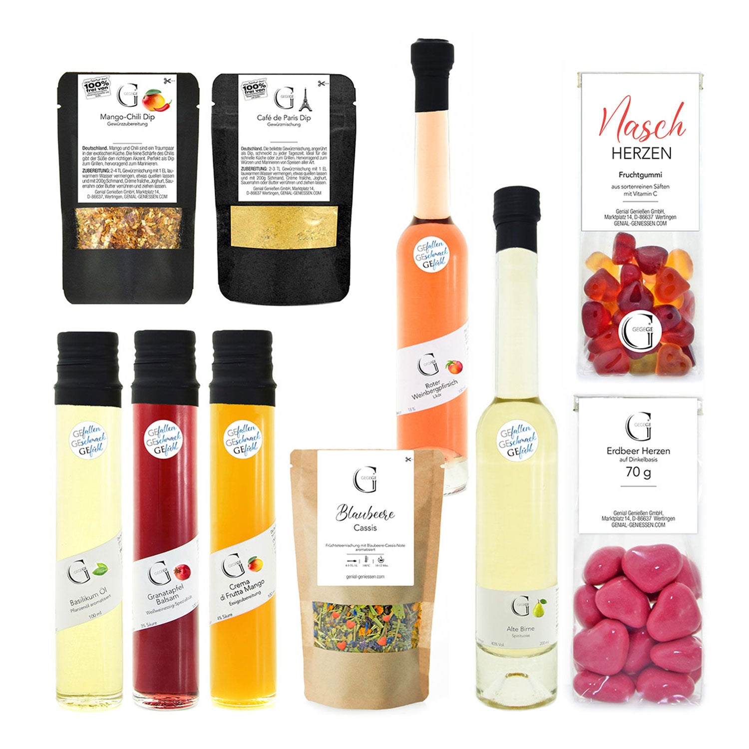 Entdecken Sie unser „Familie ist...“-Geschenkset mit Granatapfelbalsam, Fruchtessigen, Ölen, Saucen und köstlichen Fruchtbonbons. Elegante Verpackungen und minimalistische Etiketten betonen die leuchtenden Farben jedes Produkts.