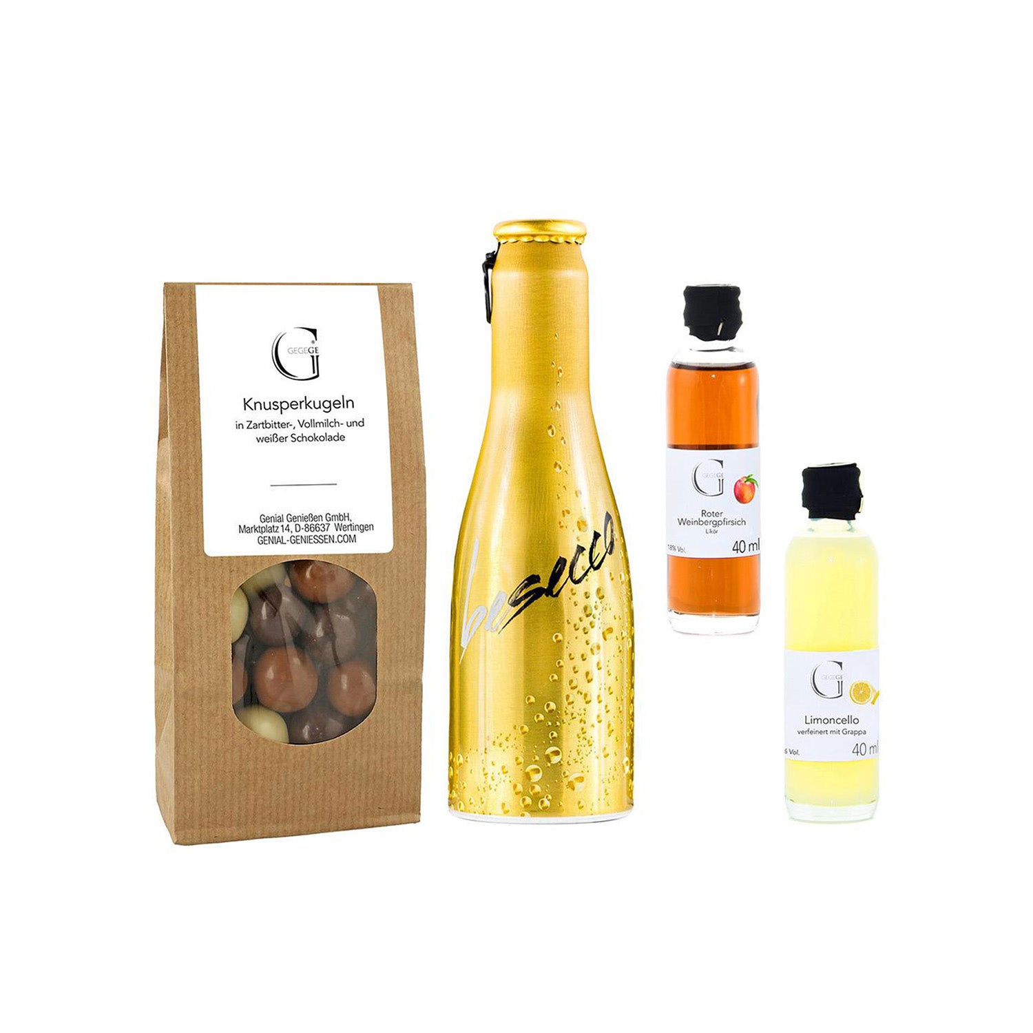 Das Freundinnen Abend Geschenkset S ist perfekt für einen Mädelsabend: Es besteht aus einem Kraftpapierbeutel mit knusprigen Schokokugeln, einer eleganten goldfarbenen Flasche mit glänzendem Finish und zwei kleinen Flaschen mit Fruchtgeschmacksaufschriften und ist somit ideal für jedes Treffen mit Freunden.