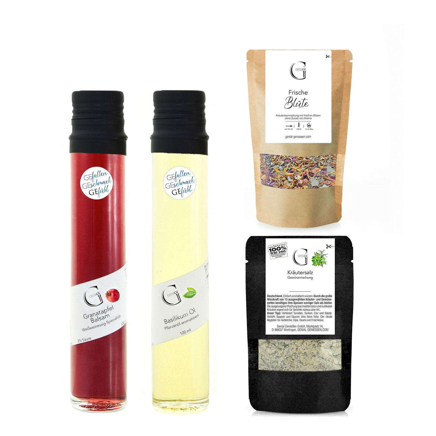 Das Geschenkset „Wir schenken uns nichts“ bietet kulinarische Eleganz mit zwei Flaschen Granatapfelbalsam und Basilikumöl sowie Beuteln mit Frische Blüte und Kräutersalz, ideal für die Kreation exquisiter Genussmomente.