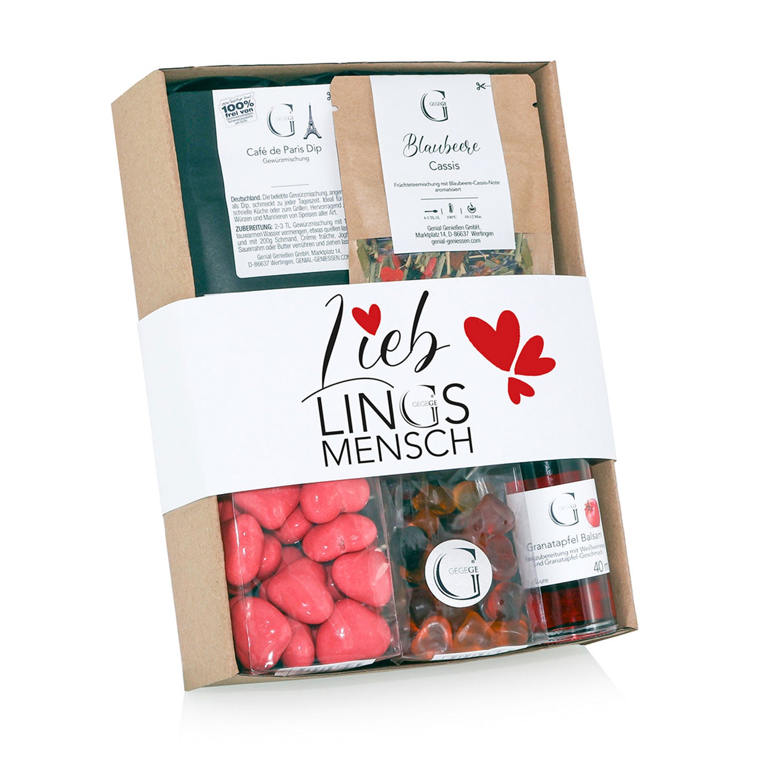 Das „Lieblings Mensch – Geschenkset“ enthält rosa Herzbonbons, kleine Frizzante Rosé-Fläschchen und abgepackte Kräuter. Verpackt mit einem „Lieblingsmensch“-Etikett mit roten Herzen ist es perfekt für deinen Lieblingsmenschen.