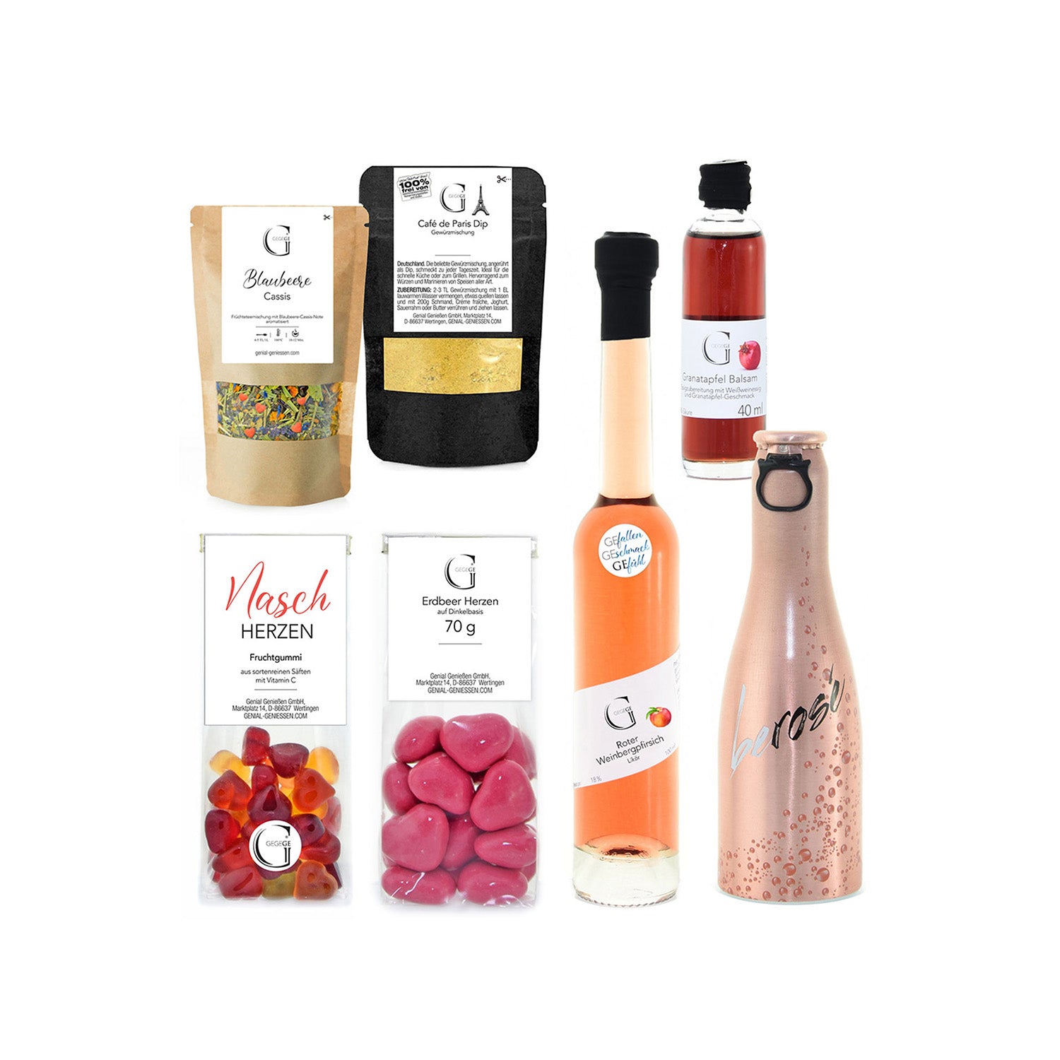 Das Für Dich – Geschenk-Set bietet Gourmet-Leckereien wie Tee, Gummibonbons, Traubenessig und eine Gewürzmischung. Genießen Sie ein kulinarisches Erlebnis mit Kräutersalz, Fruchtsirup und Rosengetränk in einer Metallflasche. Edel verpackt für ein außergewöhnliches Geschmackserlebnis.