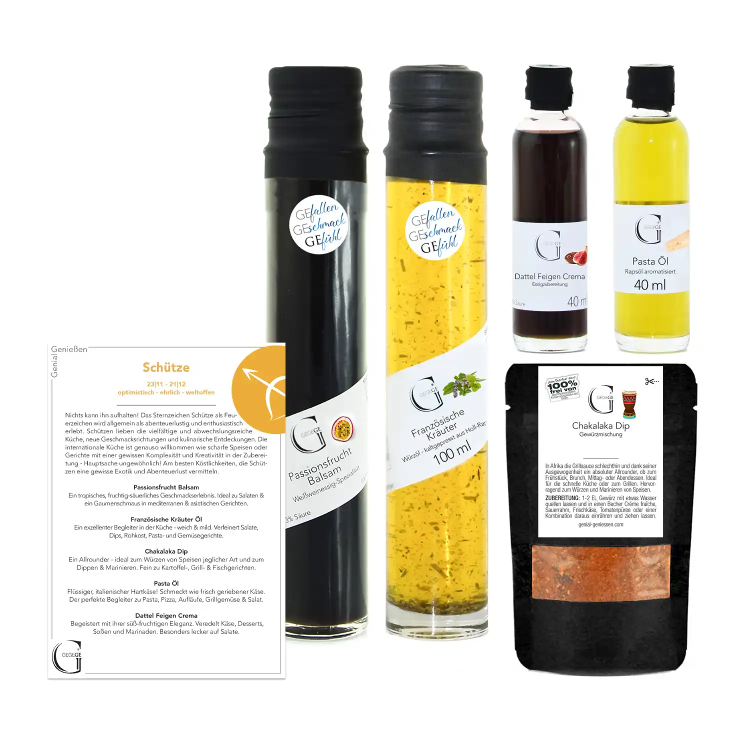 Das Sternzeichen-Set – Schütze besteht aus zwei hohen Flaschen mit Kräutern und Öl, zwei kleineren Flaschen mit Öl und Essig, einer Gewürz-Dip-Mischung im Beutel und einer Rezeptkarte, alles hübsch arrangiert auf weißem Hintergrund.