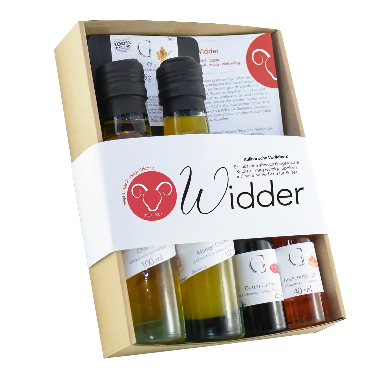 Das Sternzeichen-Set – Widder enthält drei beschriftete Flaschen Öl und Essig samt Infokarte. Die Verpackung mit rotem Widder-Logo auf Weiß macht das Set zum perfekten Geschenk für kulinarische Entdecker.