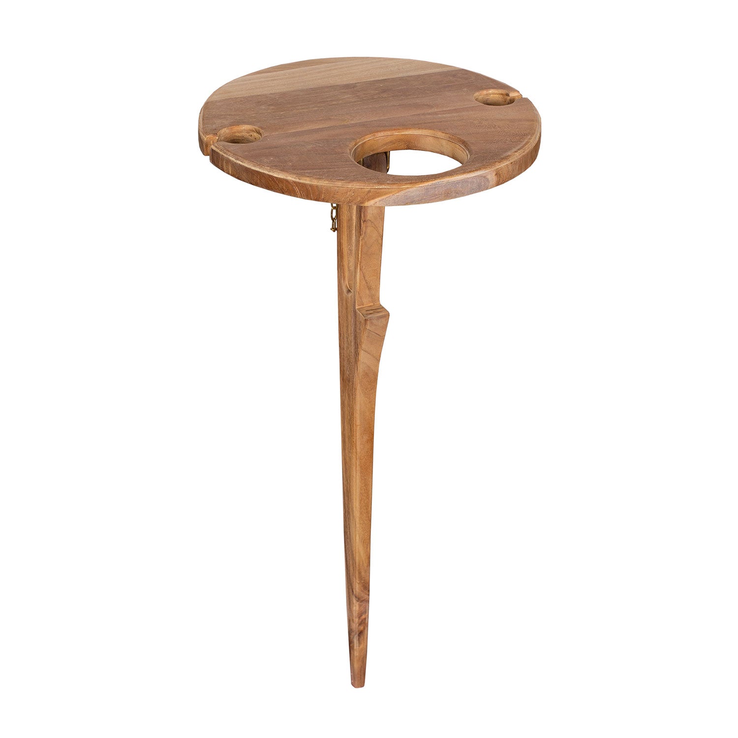 Der Getränkehalter Spieß ist ein runder Picknicktisch aus edlem Teakholz mit spitzem Bein für weiche Böden. Er verfügt über drei runde Aussparungen: zwei für Becher als klappbarer Getränkehalter und eine größere für Flaschen, wodurch er sich ideal für den Außenbereich eignet.