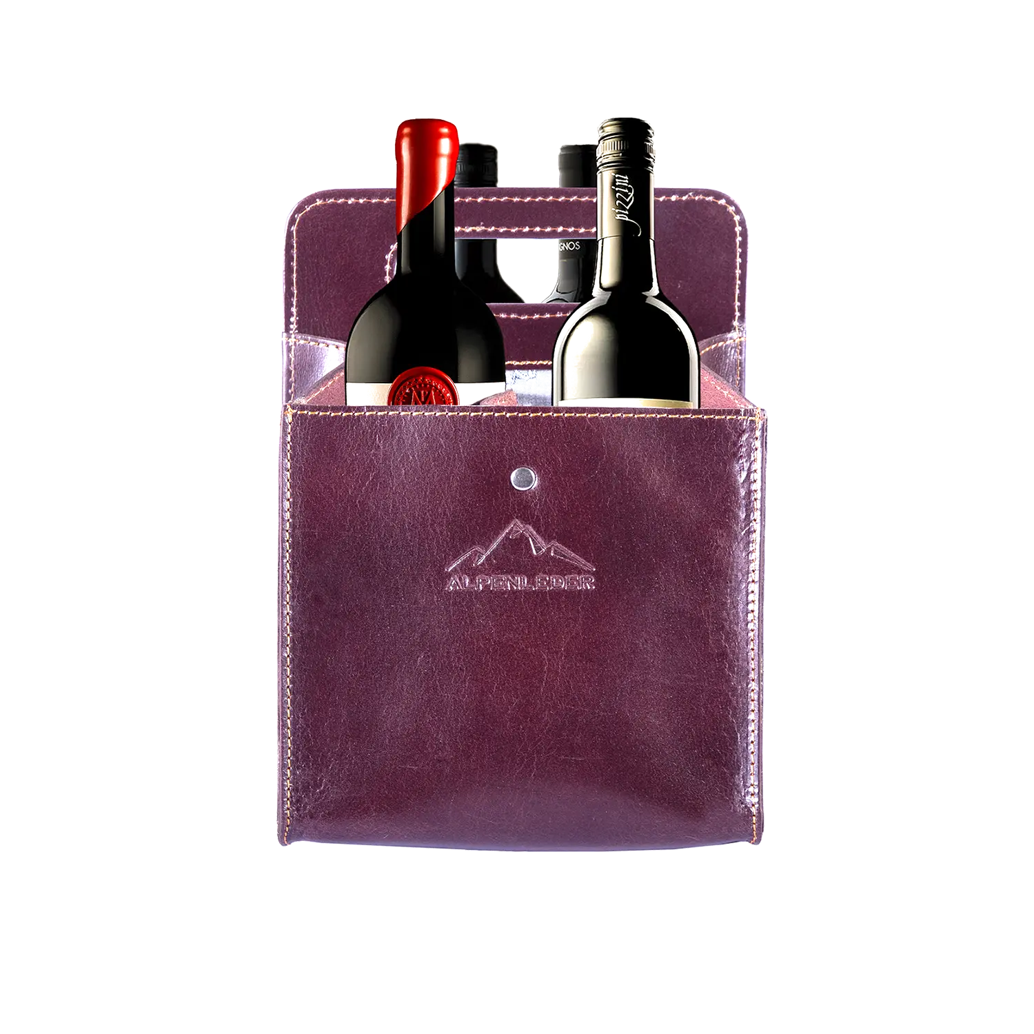 Die Getränketasche WEINVIERER-Harness bietet stilvoll Platz für zwei Flaschen, eine mit Korken und eine mit Schraubverschluss. Die aus Büffelleder gefertigte Tasche ist mit Nähten und einem geprägten Berglogo auf der Vorderseite versehen.