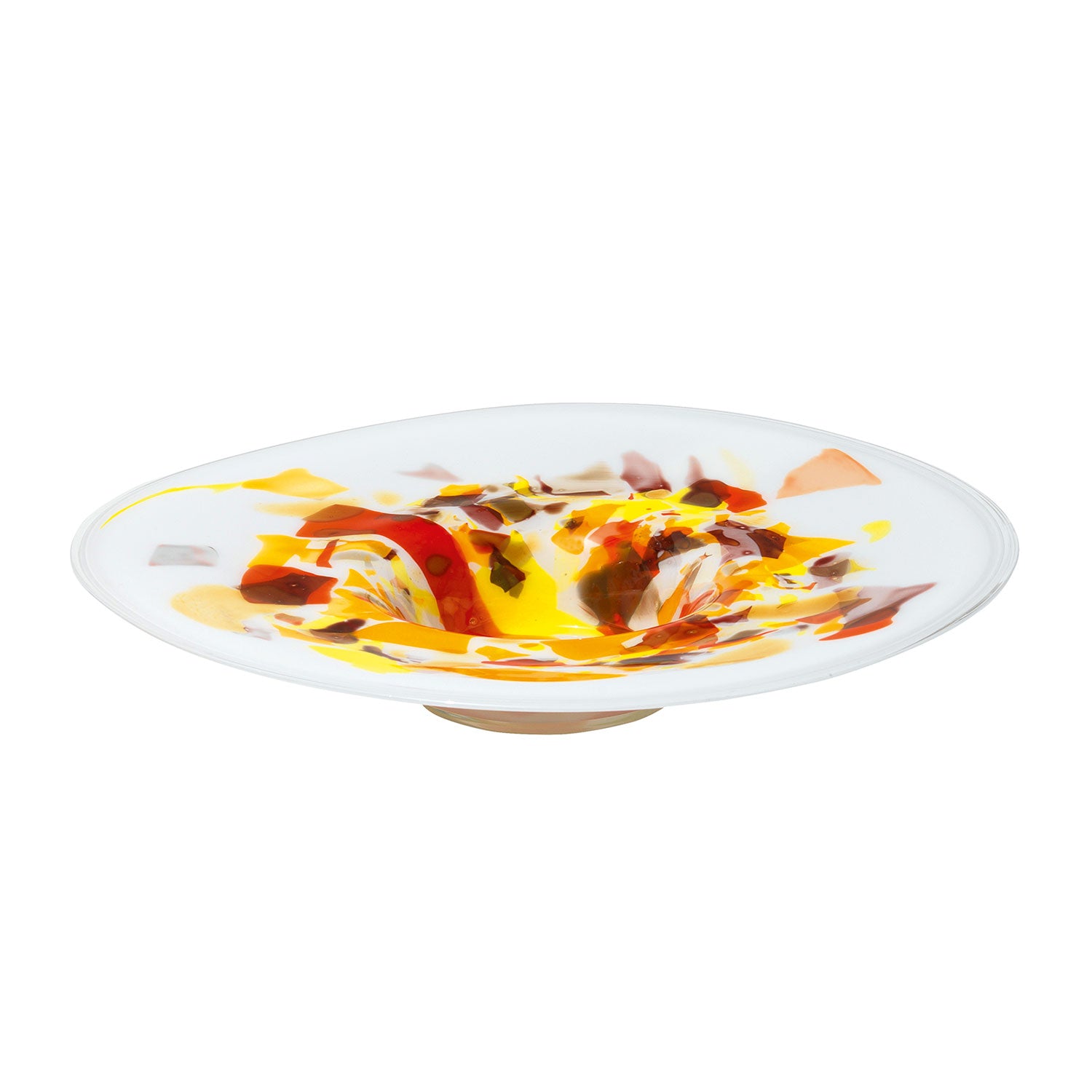 Die Glasschale „Amarillo“ von Loranto-Glaswaren ist ein Meisterwerk der Glaskunstwerke mit einer glatten, abgerundeten Form und einem abstrakten Design. Ihre inneren Wirbel in Gelb, Orange und Rot erzeugen einen lebendigen Fluss, der elegant auf einem kleinen, klaren Sockel thront.