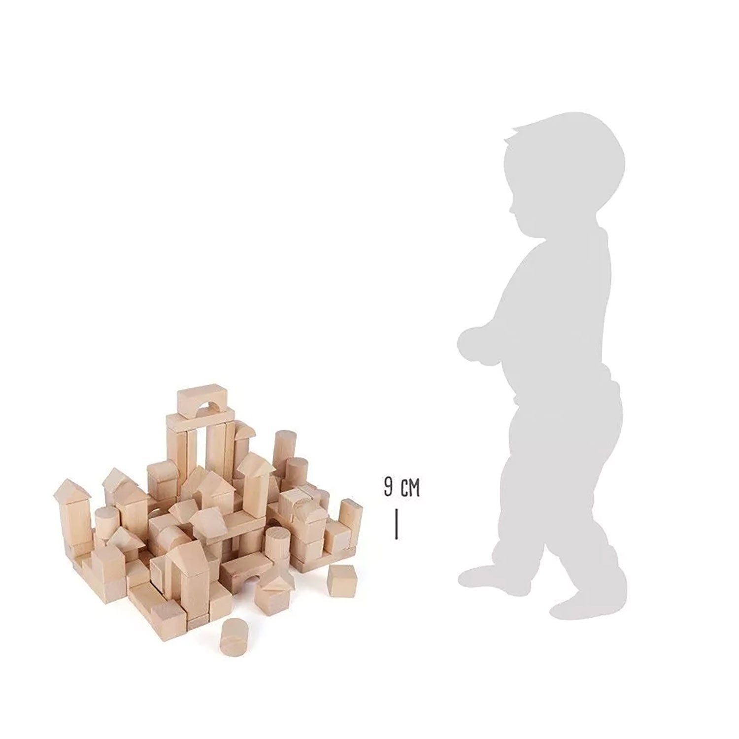 Links sind Holzbausteine für Kinder kreativ gestapelt, um die Kreativität der Kinder zu fördern, während rechts eine graue Kindersilhouette zeigt, wie die Blöcke 9 cm hoch sind.