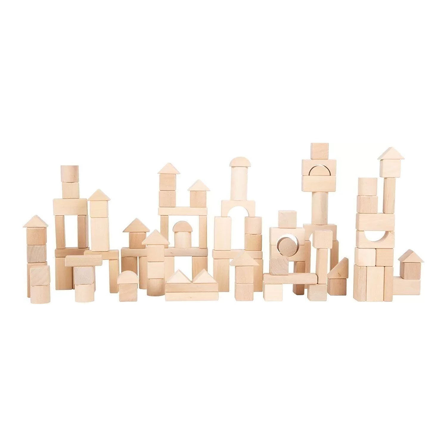 Holzbausteine für Kinder erschaffen eine Mini-Stadtlandschaft aus Türmen und Bögen, die vor Kreativität strotzt. Vor einem schlichten weißen Hintergrund spiegeln die Blöcke in verschiedenen geometrischen Formen und mit natürlicher Holzoberfläche die Fantasie des Kinderspiels wider.