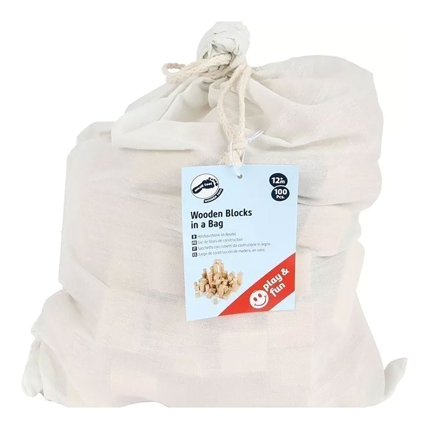 Eine weiße Stofftasche mit der Aufschrift „Holzklötze im Beutel“ und dem Bild kleiner Holzbausteine ist ideal, um die Kreativität von Kindern zu wecken. Das Set „Holzbausteine für Kinder“ ist für Kinder ab 12 Monaten geeignet und enthält 100 Teile.