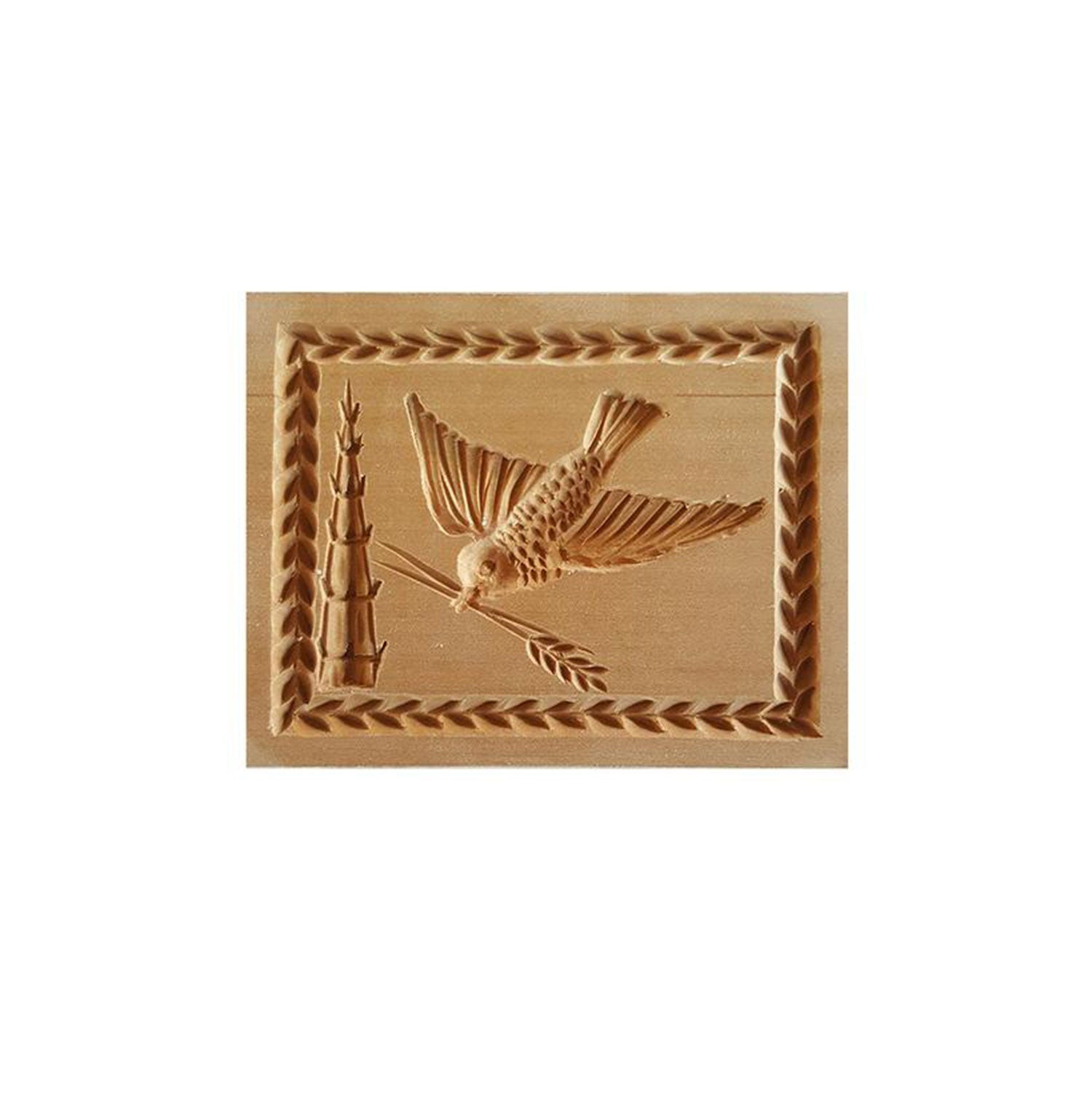Das Holzspringerle „Ulmer Spatz“ ist eine rechteckige Holzschnitzerei mit dem „Ulmer Motiv“ eines fliegenden Vogels mit einem Ast, eingerahmt von einer dekorativen Bordüre und ergänzt durch einen stilisierten Baum auf der linken Seite, wodurch Tradition und Kunstfertigkeit vereint werden.