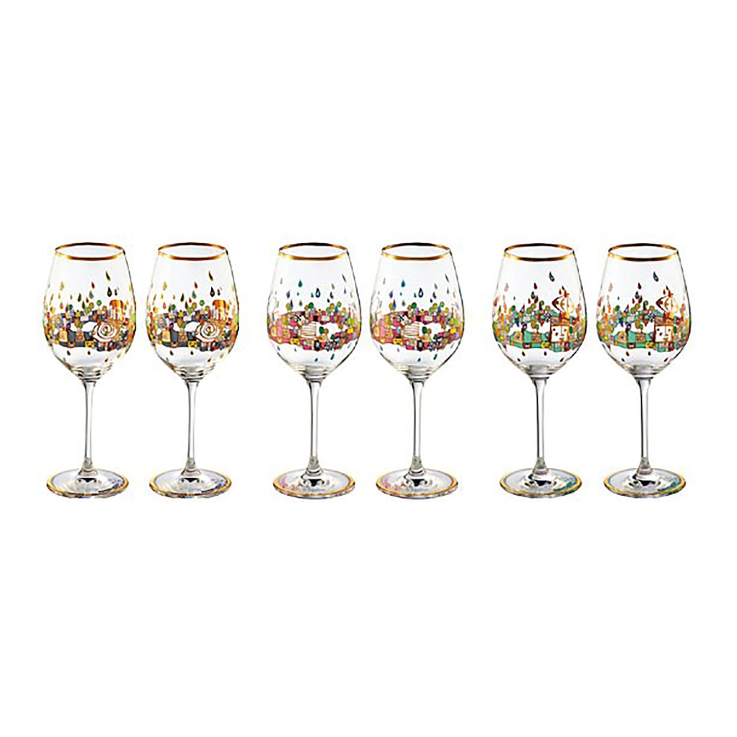 Sechs Weingläser in einer Reihe, jeweils aus der Weingläser-Edition „BEAUTY IS A PANACEA – Gold – Rotwein“ der Königlich privilegierten Porzellanmanufaktur Tettau, zeichnen sich durch farbenfrohe abstrakte Designs und goldene Akzente aus. Jedes Glas verfügt über eine einzigartige künstlerische Note, inspiriert von Friedensreich Hundertwasser.