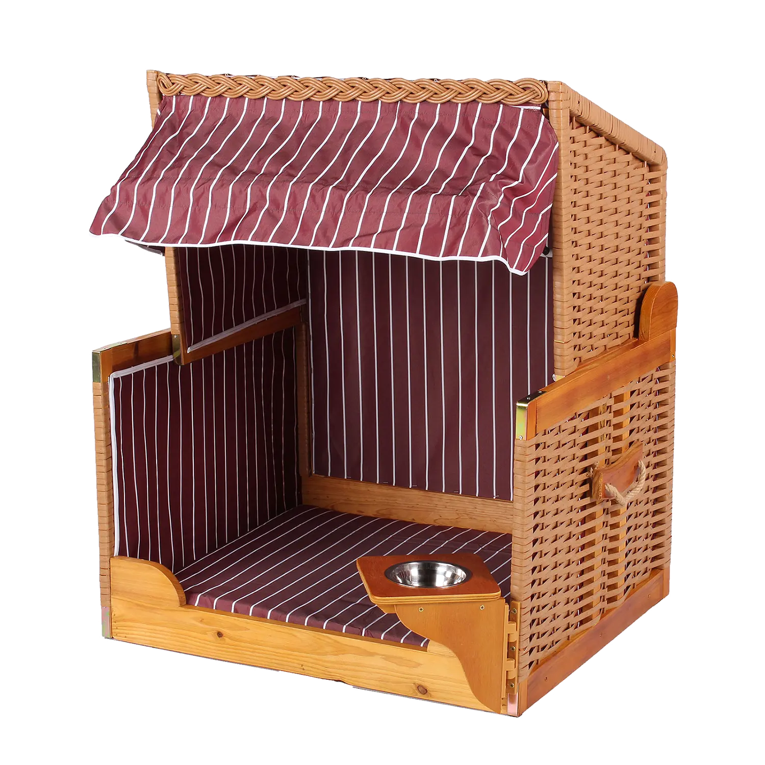 Der Strandkorb für Hunde, rot gestreift, besteht aus Holz und Korbgeflecht mit rot gestreiftem Stoff. Er verfügt über ein Dach, einen gepolsterten Boden und eine integrierte Futterstation mit Metallnapf für unvergleichlichen Komfort und Stil für Ihr Haustier.