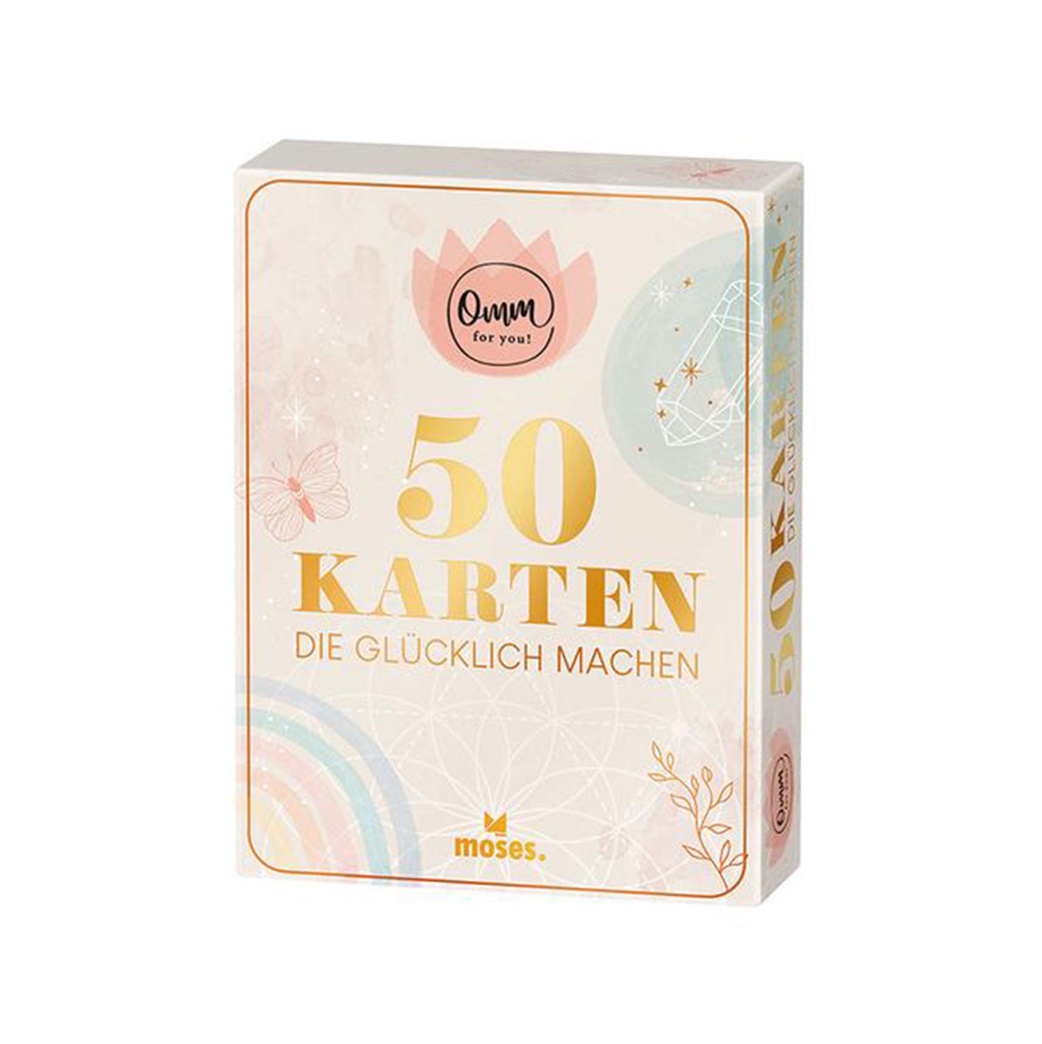 Die Box mit „50 Karten, die glücklich machen“ von Moses verfügt über einen Einband mit sanften Pastellfarben, Lotus, geometrischem Design und floralen Akzenten – ideal für Achtsamkeitsmomente und Selbstfürsorge, um Ihr Glück zu steigern.