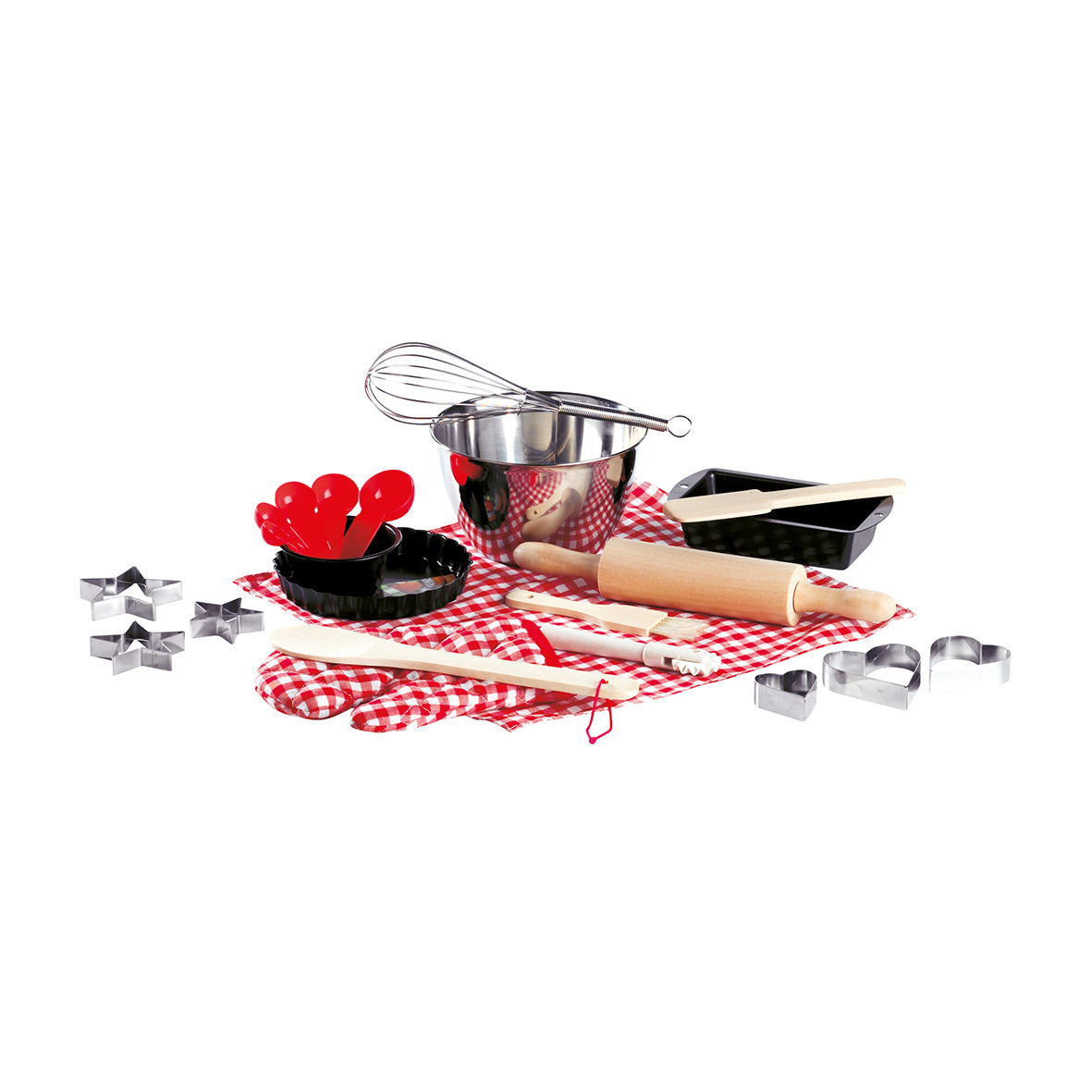 Das „Backutensilien, Kinder Back Set“ enthält eine Metall-Rührschüssel, einen Schneebesen, Messlöffel, Kuchenformen sowie stern- und herzförmige Ausstechformen auf einem rot-weiß karierten Tuch. Perfekt für kleine Köche, um ihrer Backkreativität freien Lauf zu lassen!.