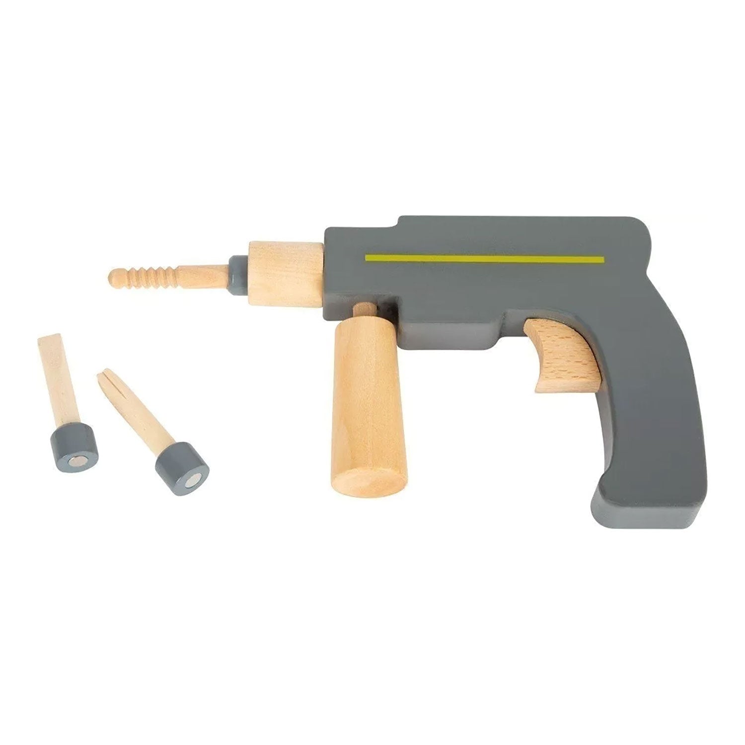 Der „Werkzeugkoffer für Kinder ab 3 Jahre (aus Holz)“ ist ein Spielzeugbohrer aus Holz mit grauem Gehäuse und Akzenten aus Naturholz. Es enthält einen Griff, einen abnehmbaren Bohrer und zwei zusätzliche Holzzubehörteile, alles vor einem weißen Hintergrund – ideal für Rollenspiel-Zubehör für angehende Handwerker.