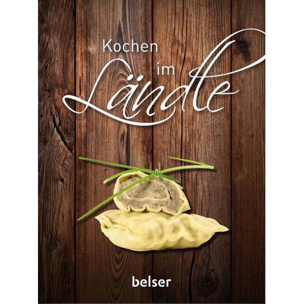 Kochbuchcover mit Knödeln, Schnittlauch und dem Titel Kochen im Ländle auf Holzhintergrund – perfekt für Liebhaber regionaltypischer Gerichte aus Baden-Württemberg und moderner Küche.