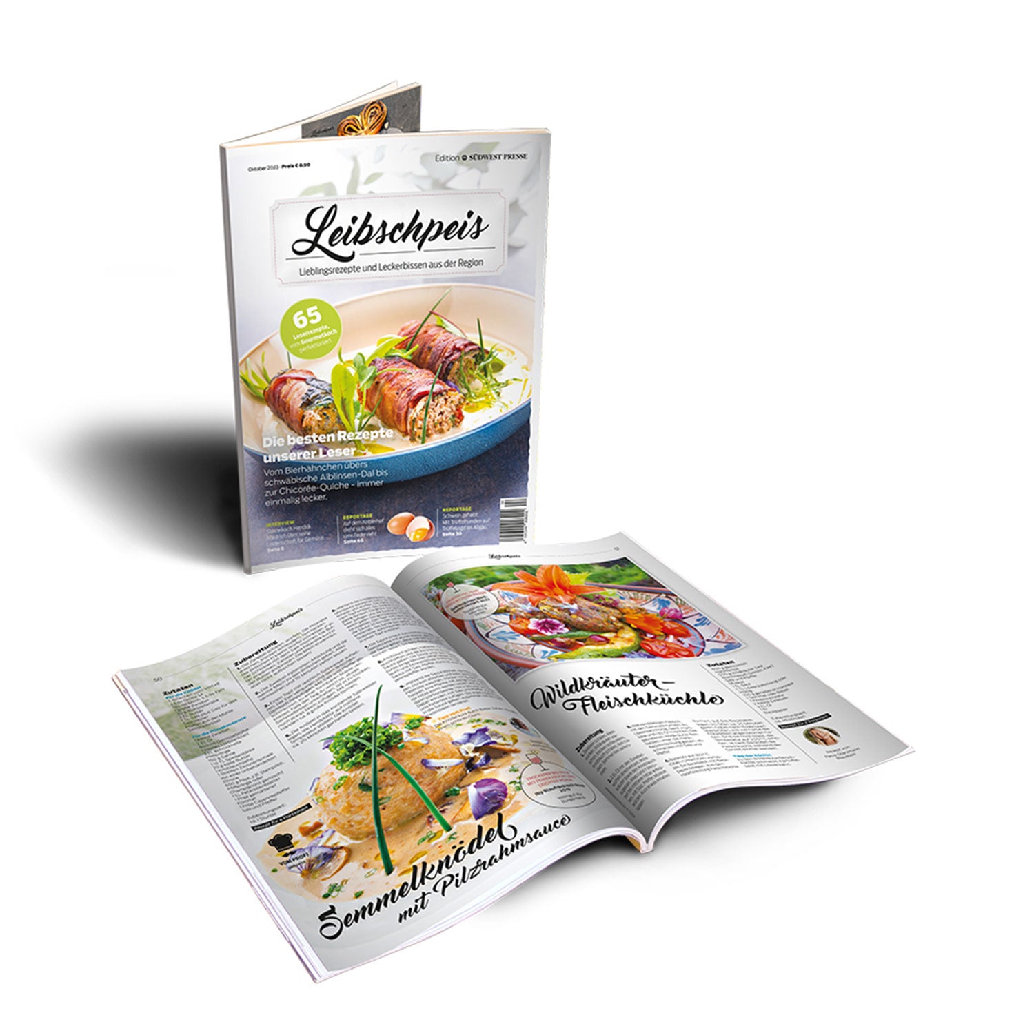 Ein lebendiges, aufgeschlagenes Magazin präsentiert Kochinhalte mit farbenfrohen Bildern und präsentiert ein grün garniertes Gericht. Daneben zeigt eine geschlossene Ausgabe unter dem Titel „Schwäbisches Koch- und Backmagazin“ ein angerichtetes Gericht. Schatten unter beiden heben die Kochkunst von Leibschpeis 2023 I 4. Ausgabe hervor.