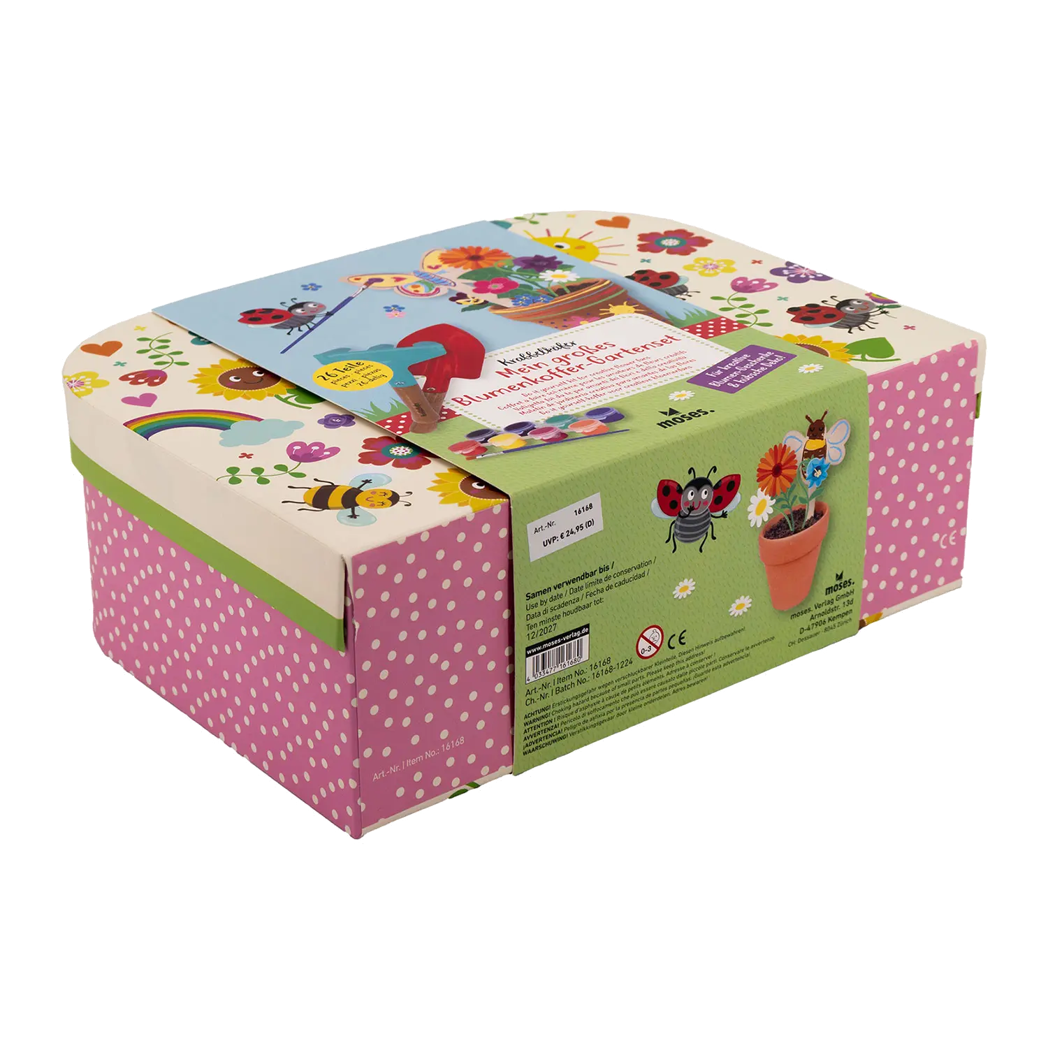 Das Krabbelkäfer Blumenkoffer-Gartenset für Kinder ist ein dekorativer Bastelkasten mit Gartenmotiven, der Insekten, Blumen und ein gärtnerndes Kind zeigt. Die rosa gepunkteten Seitenteile akzentuieren den Koffer und enthalten Utensilien zum Basteln fantasievoller Blumendekorationen.