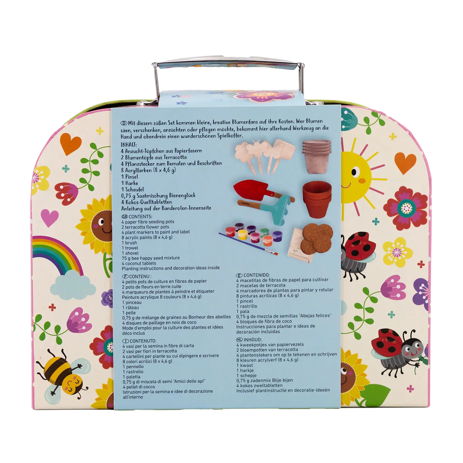 Das Krabbelkäfer Blumenkoffer-Gartenset für Kinder ist ein farbenfrohes Beschäftigungsset mit Blumen, Sonne, Bienen, Regenbögen und Marienkäfern. Auf der Rückseite finden Sie ein mehrsprachiges Inhaltsverzeichnis und Abbildungen von Gegenständen wie Blumentöpfen und Bastelutensilien – ideal für kreative Gartenabenteuer!.