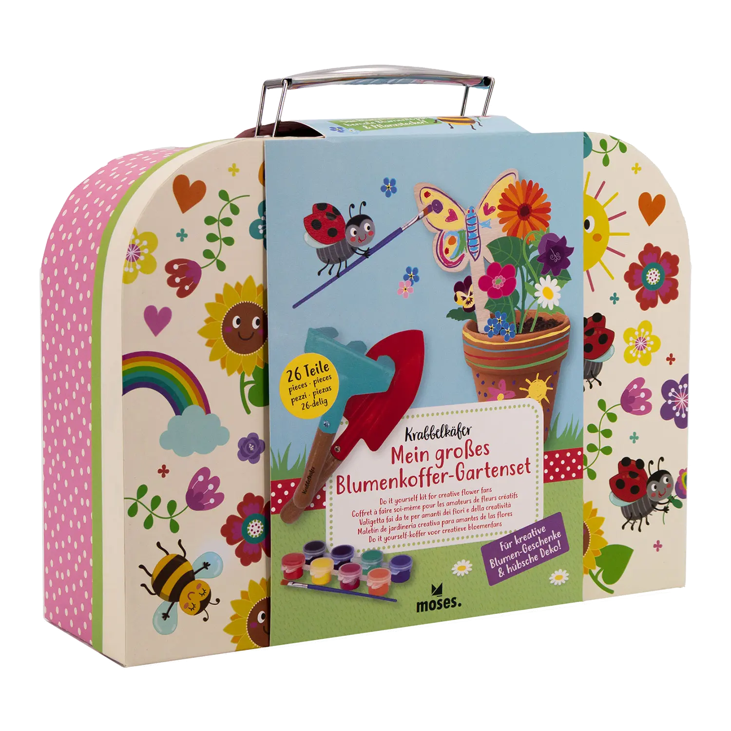 Das Krabbelkäfer Blumenkoffer-Gartenset für Kinder ist ein farbenfroher Koffer mit Blumenmotiven, einem Regenbogen, Marienkäfern, einer Biene und einer lachenden Sonne. Er enthält ein Heft mit Gartengeräten, Farben und Blumentöpfen. Der Text ist auf Deutsch.