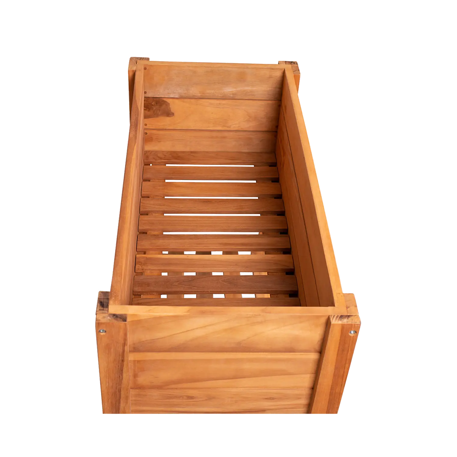 Das Kräuterhochbeet ist eine rechteckige Holzkiste mit Lattenboden und stabilen Seitenwänden, die durch sichtbare Schrauben zusammengehalten werden. Sie ist oben offen und aus natürlichem Teakholz gefertigt, was ihr ein elegantes Finish verleiht.